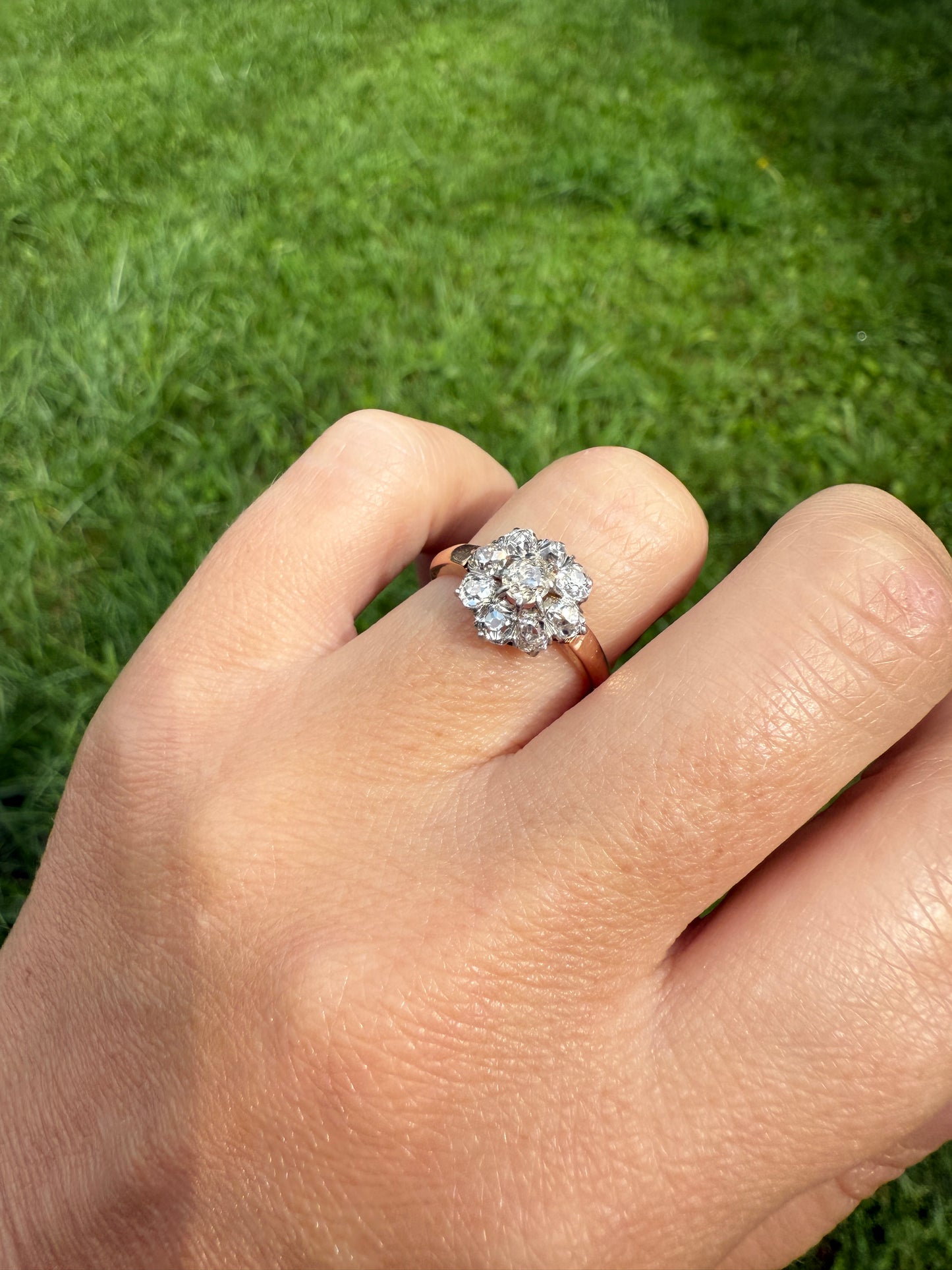 Old Mine Cut DIAMOND Daisy Cluster Halo French Antique Ring 18k Gold Platinum Victorian Belle Epoque