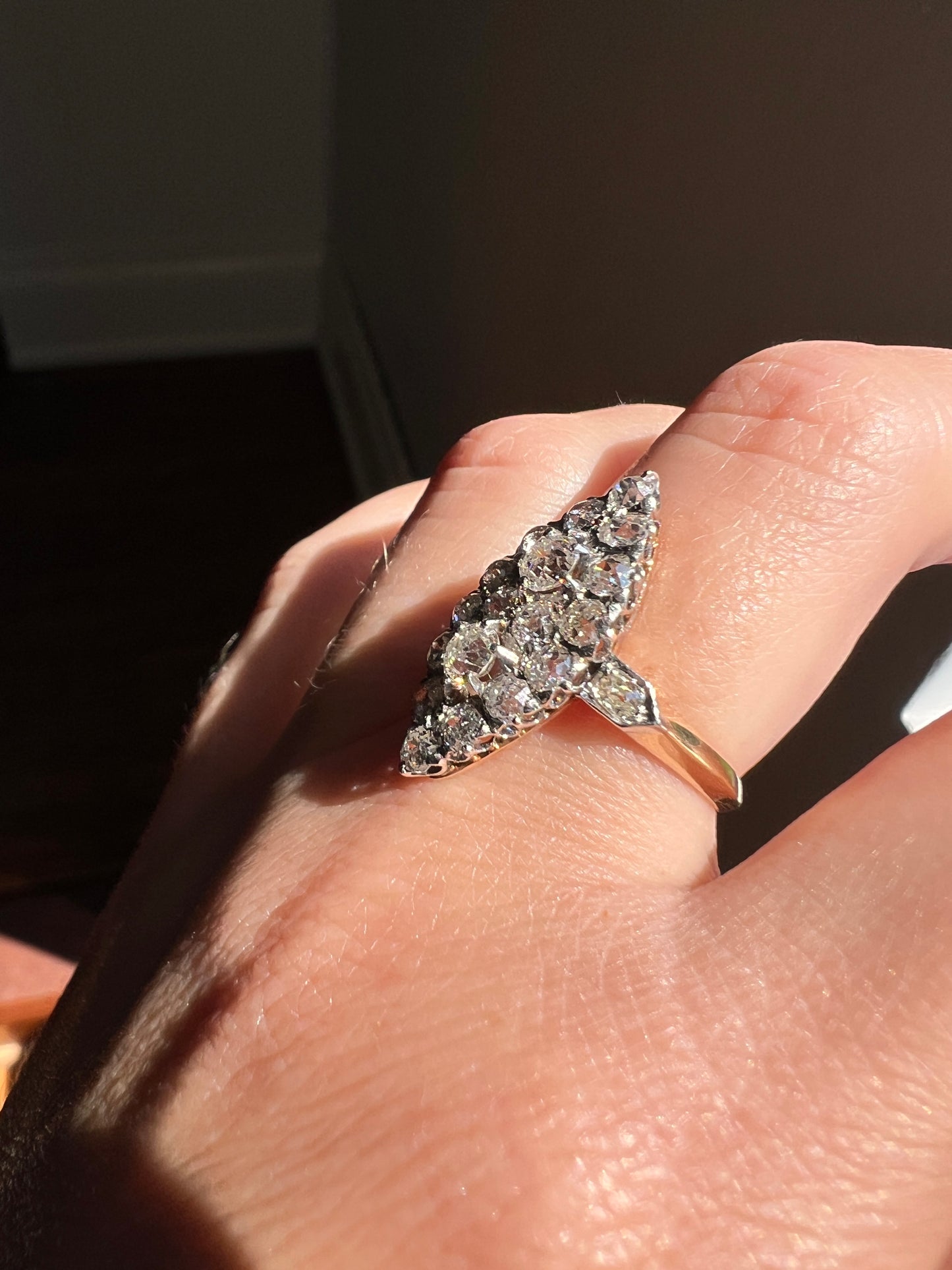 Unique Antique 1.75 Carat Old Mine Cut DIAMOND Toi et Moi Navette Cluster Ring French 18k Gold