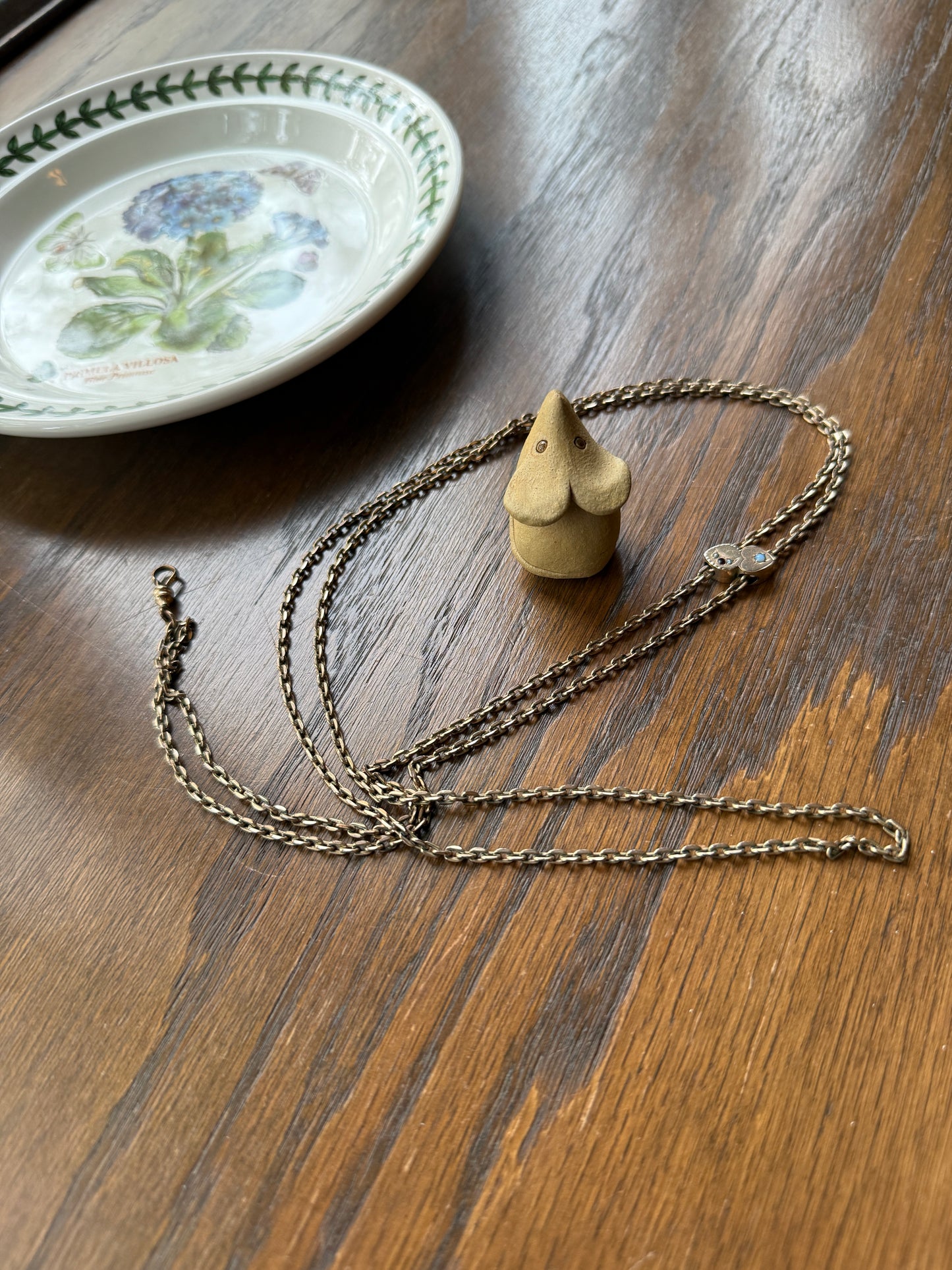 Two HEARTS Moon Star Slide Victorian Art Nouveau Warm Rosy Gold Fill Long Guard Muff Watch Chain Necklace Pearl & Opal