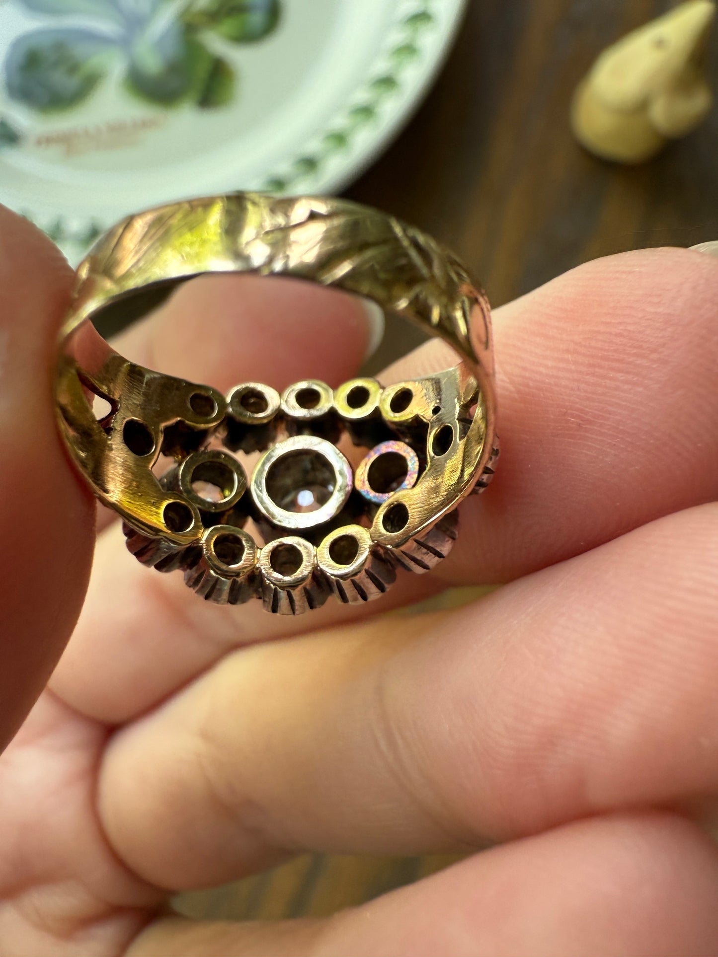 GEORGIAN Era Antique 1.5 Carat Spanish Iberian Triple Row Old Mine Rose Cut Diamond Ring Engraved Band 18k Gold Silver Collet