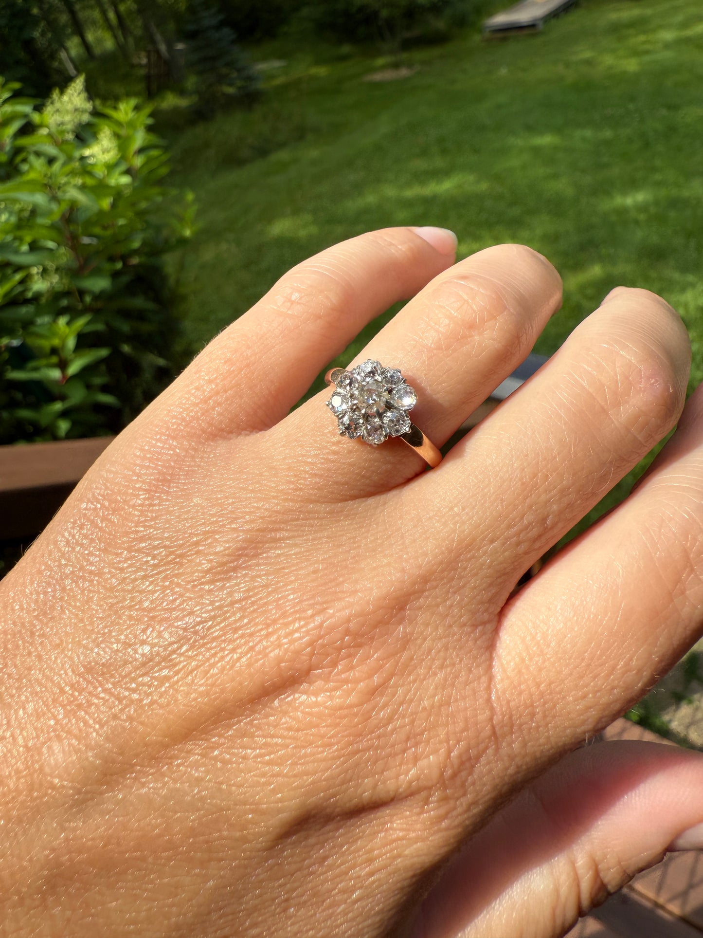 Old Mine Cut DIAMOND Daisy Cluster Halo French Antique Ring 18k Gold Platinum Victorian Belle Epoque