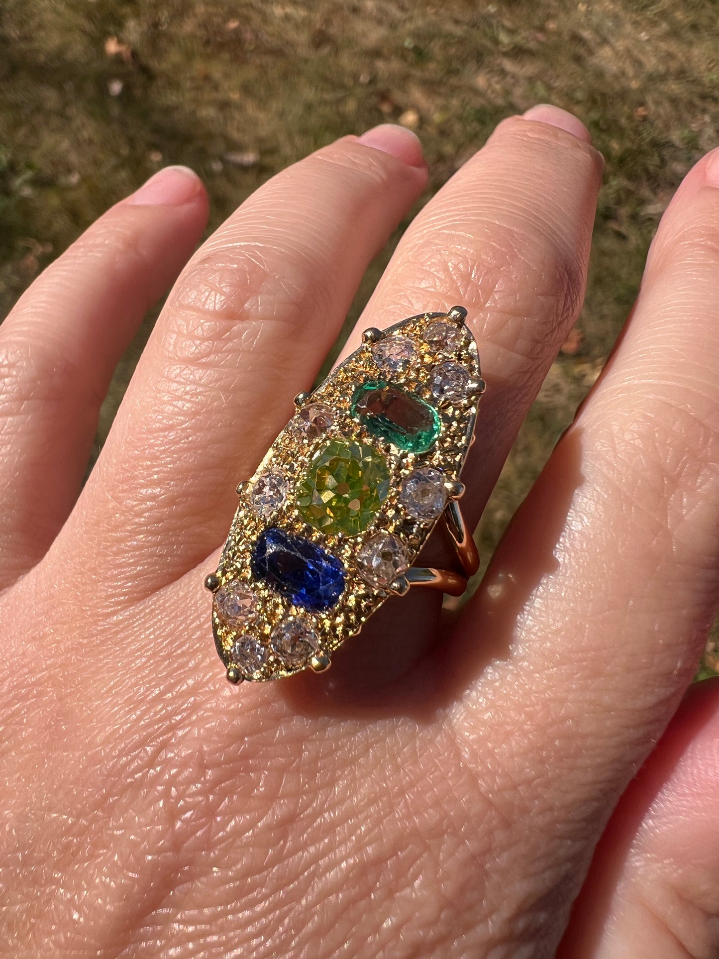 Unique French Vintage Navette Ring 1.25 Carat Antique Eye Clean Fancy Intense Greenish YELLOW Old Mine Cut DIAMOND 2.35 Tdw Emerald Sapphire
