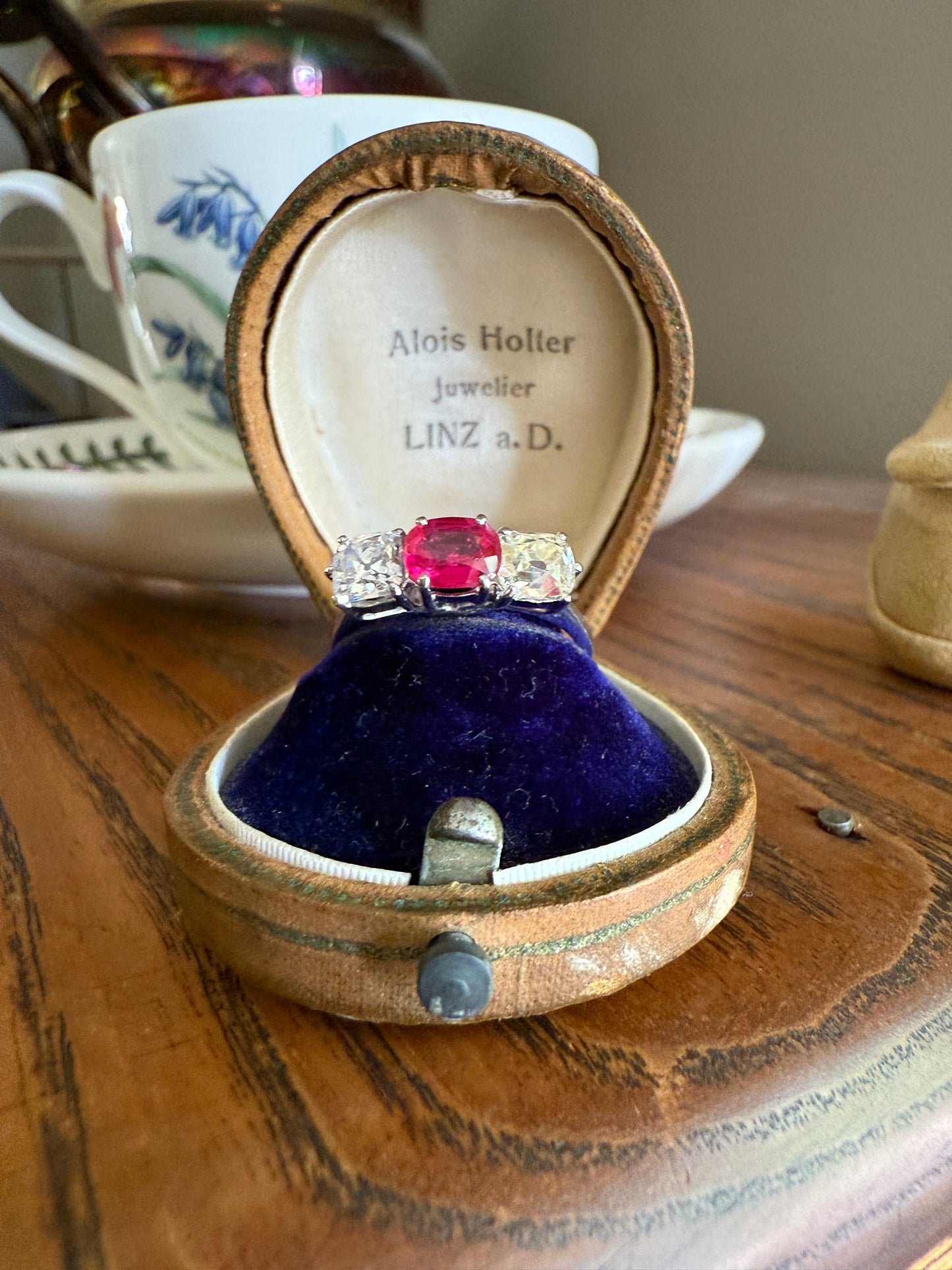 TALL Three Stone Square Old Mine Cut DIAMOND Natural Ruby 18k White Gold Ring Unique Stacker Setting Stackable Pinkish Red