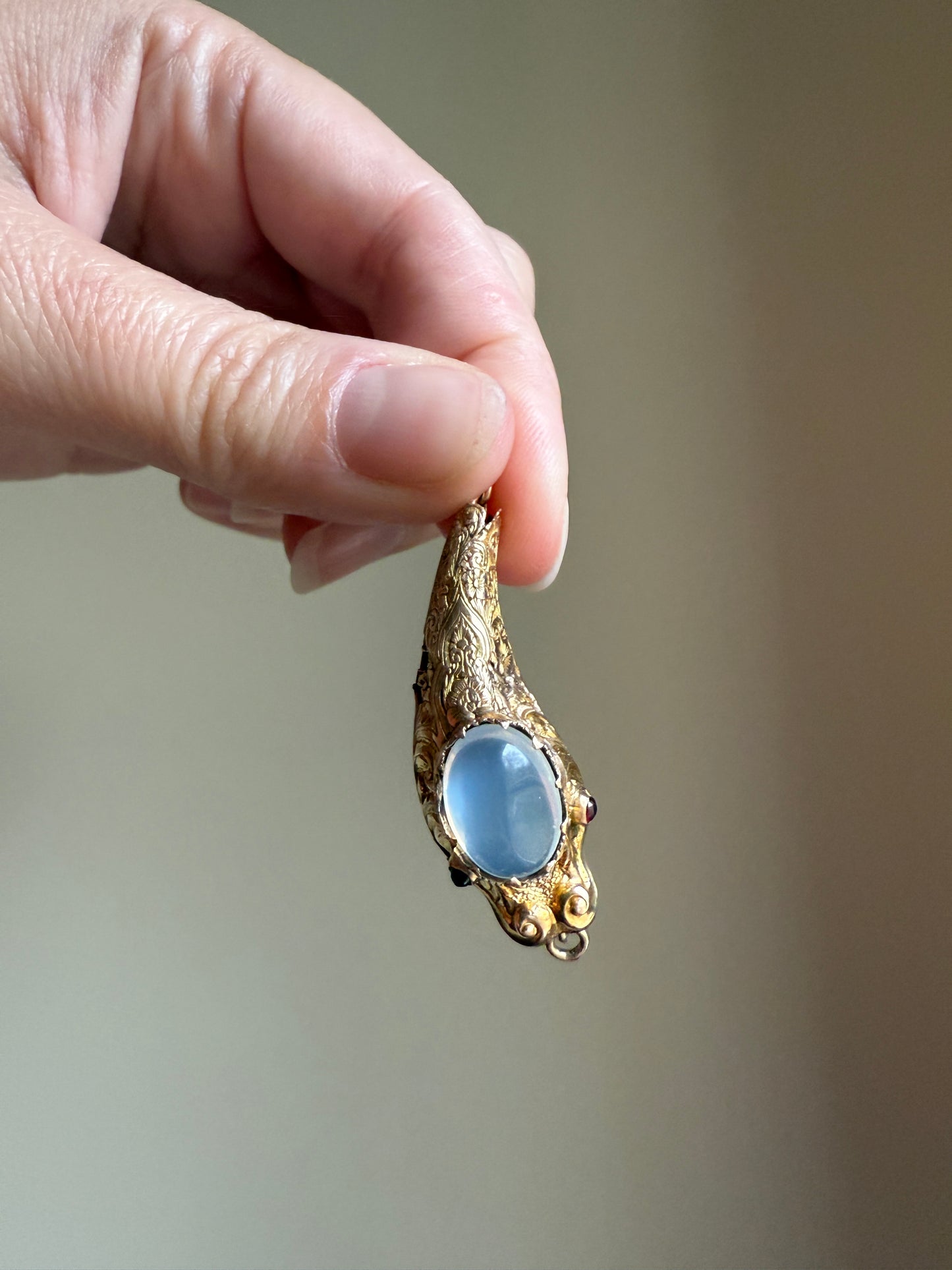 MOONSTONE Smiling SNAKE Large Victorian Antique Pendant CONNECTOR Extender Figural 10k Gold Solid Swivel Engraved Head Garnet Eyes
