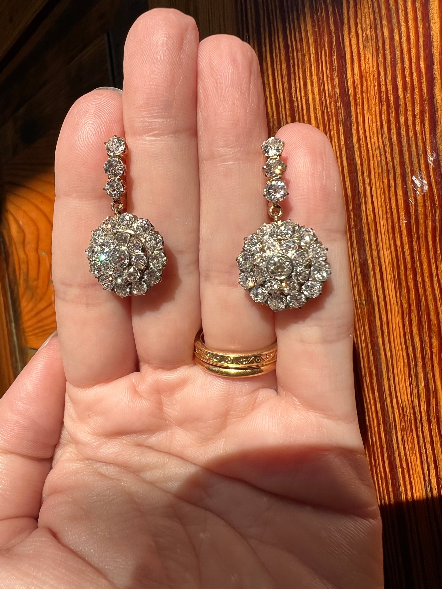 XL Antique 4 1/3 Carat Old Mine DIAMOND Cluster Dangle Earrings 18k Gold ViCTORIAN Bullseye Halo Drops