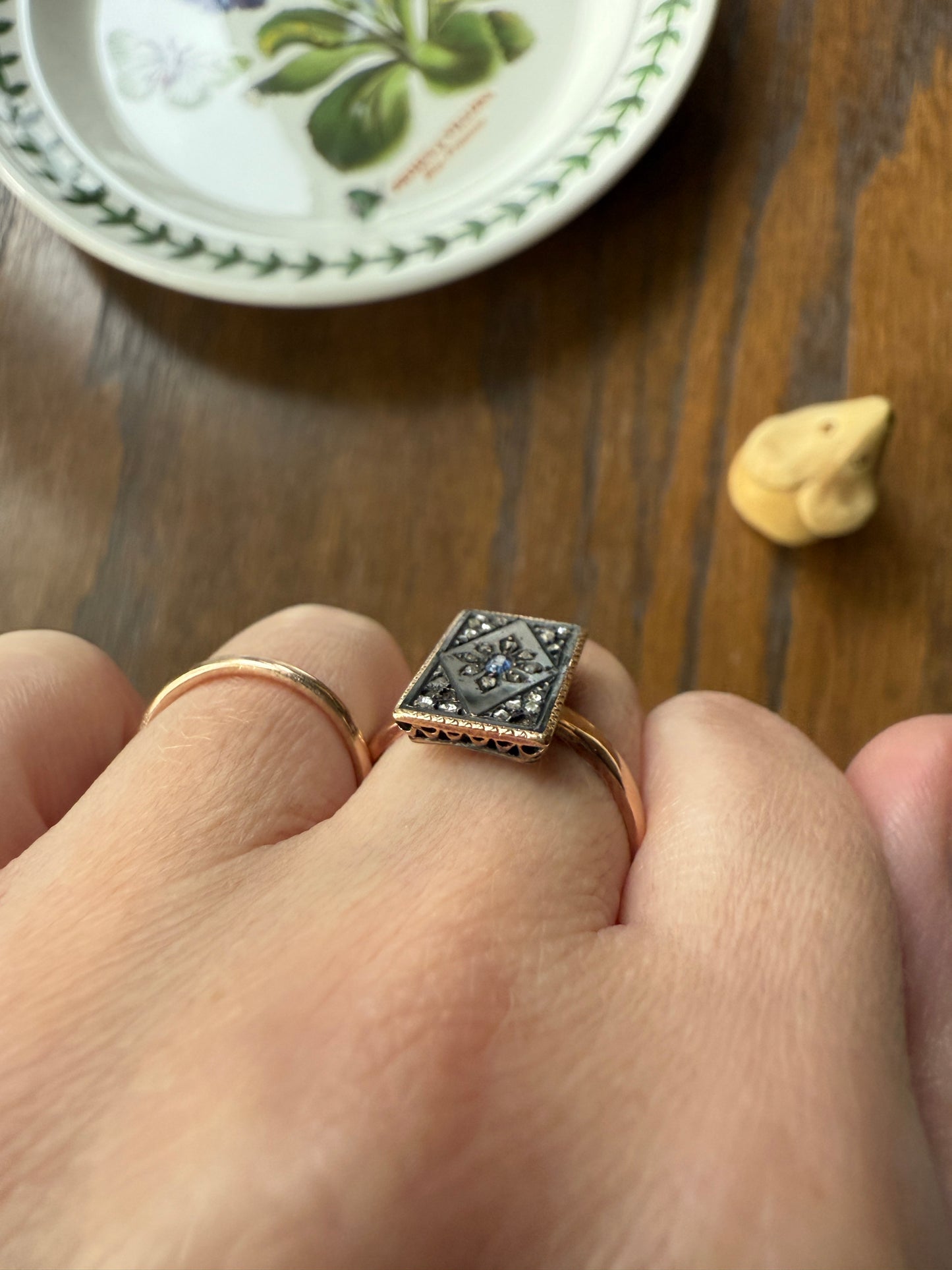 Antique Blue SAPPHIRE Rose Cut DIAMOND Black Enamel 14k Rosy Gold Plaque Ring Floral Geometric Rectangular Panel