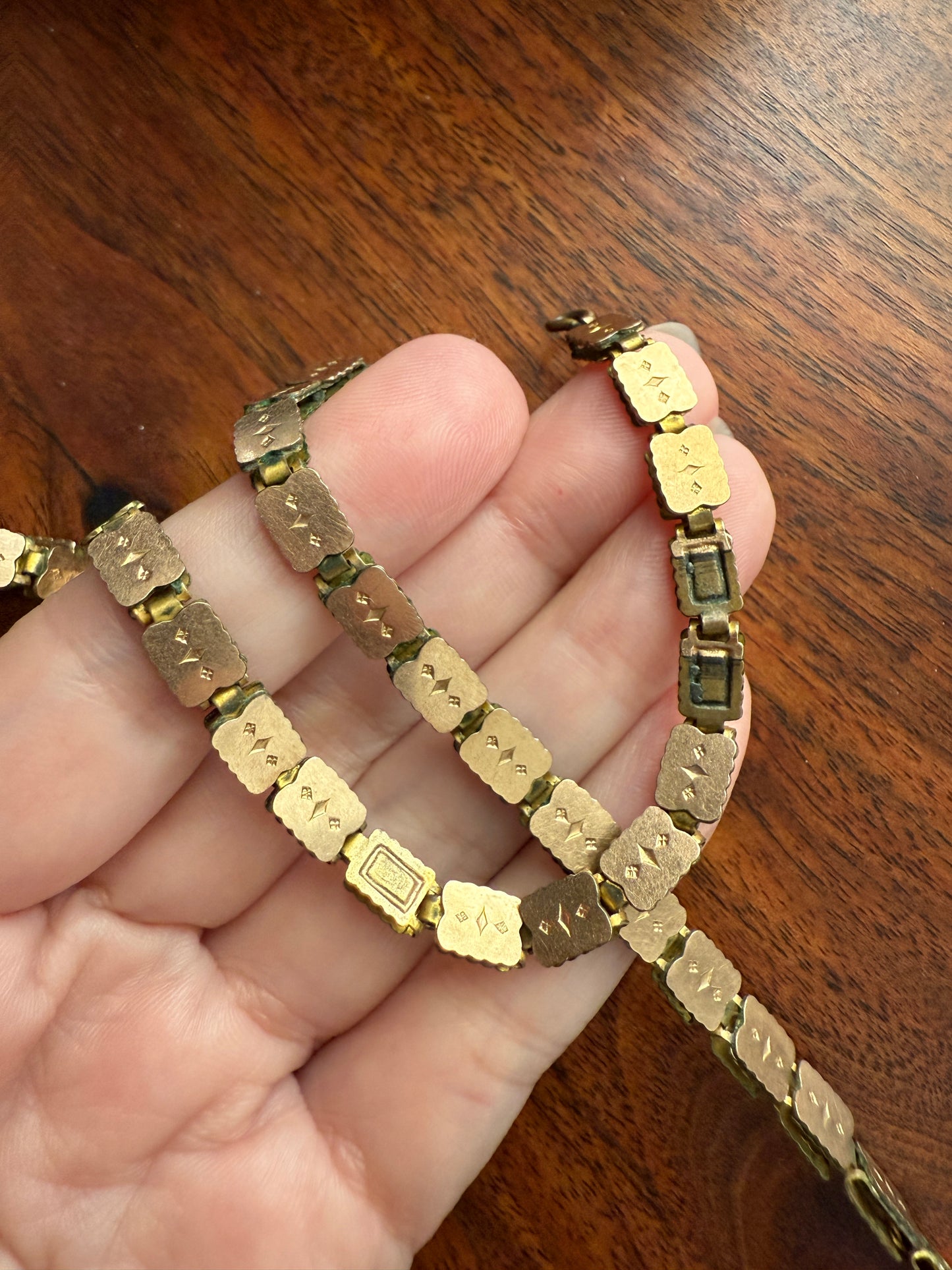 VICTORIAN Antique Book CHAIN Shimmering Necklace Gold Fill Rectangular Link Reversible Swirl Design Dog Clip