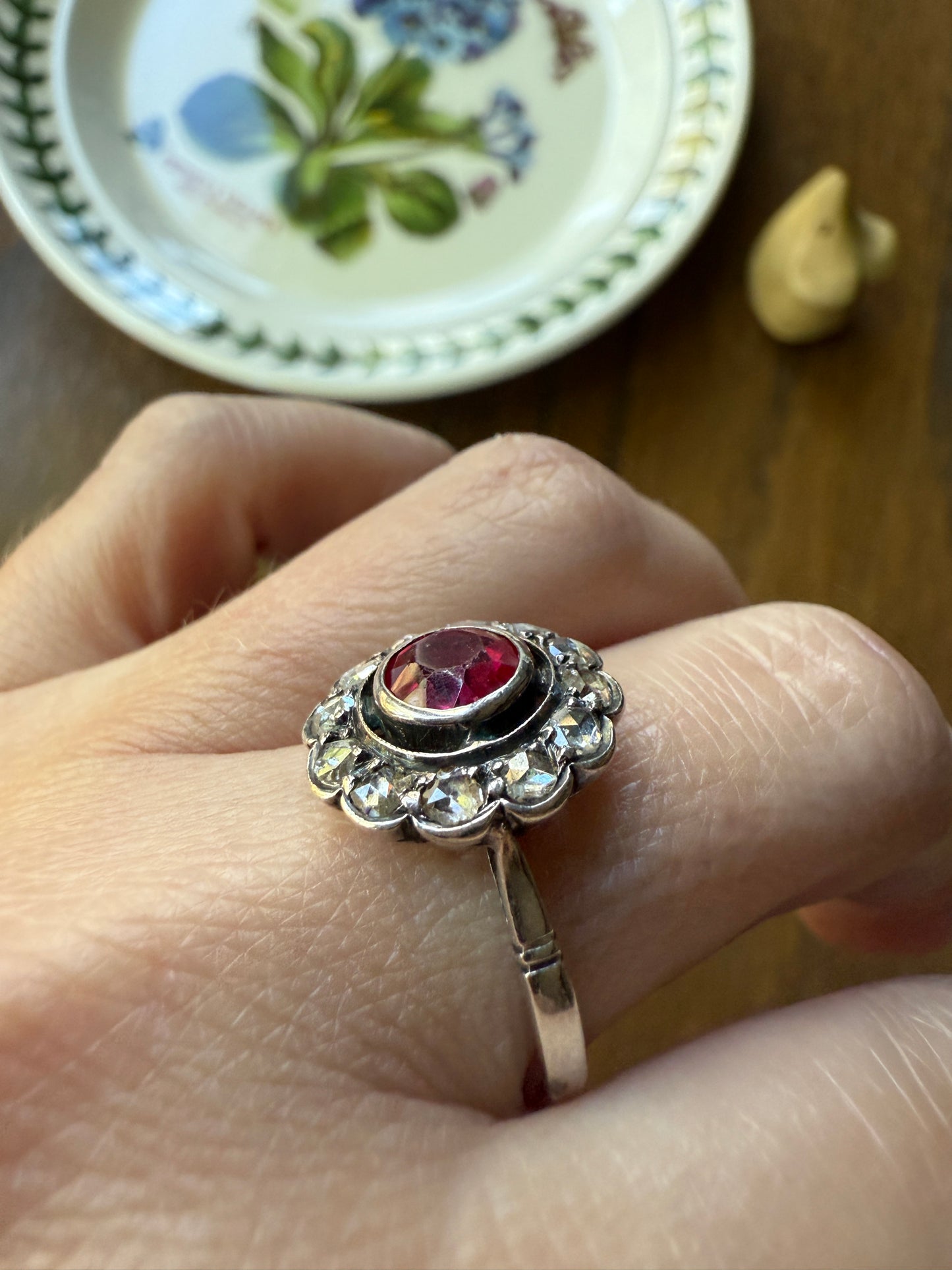 Antique Ruby & Rose Cut Diamond Halo Cluster Ring Pink Red Solid Silver French Edwardian Stacker