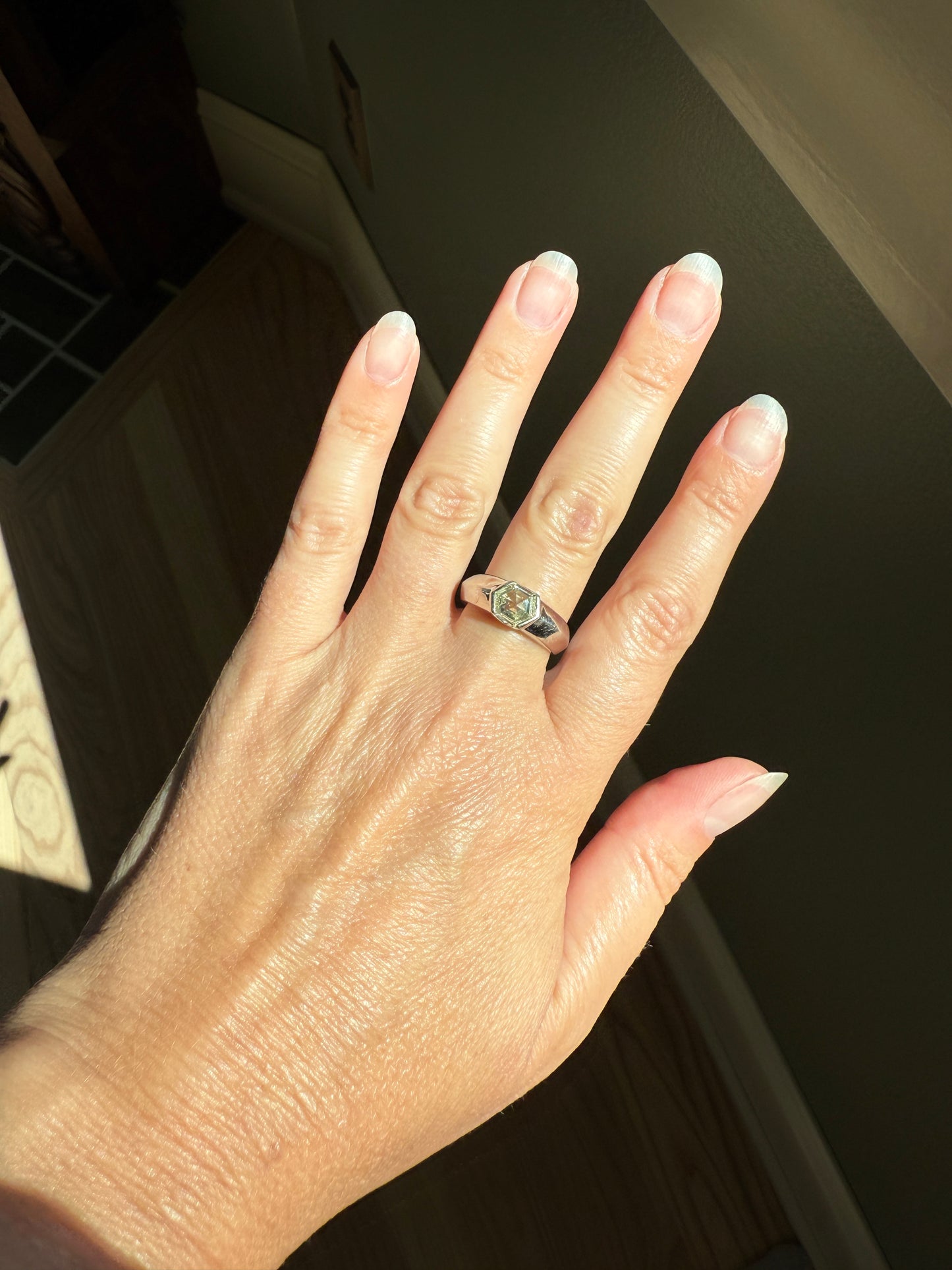 Rare HEXAGON Natural Diamond Pale Yellow French Vintage 18k White Gold Gypsy Ring 9.1g Chunky Sturdy Stacker Unisex Step Cut Beveled Band