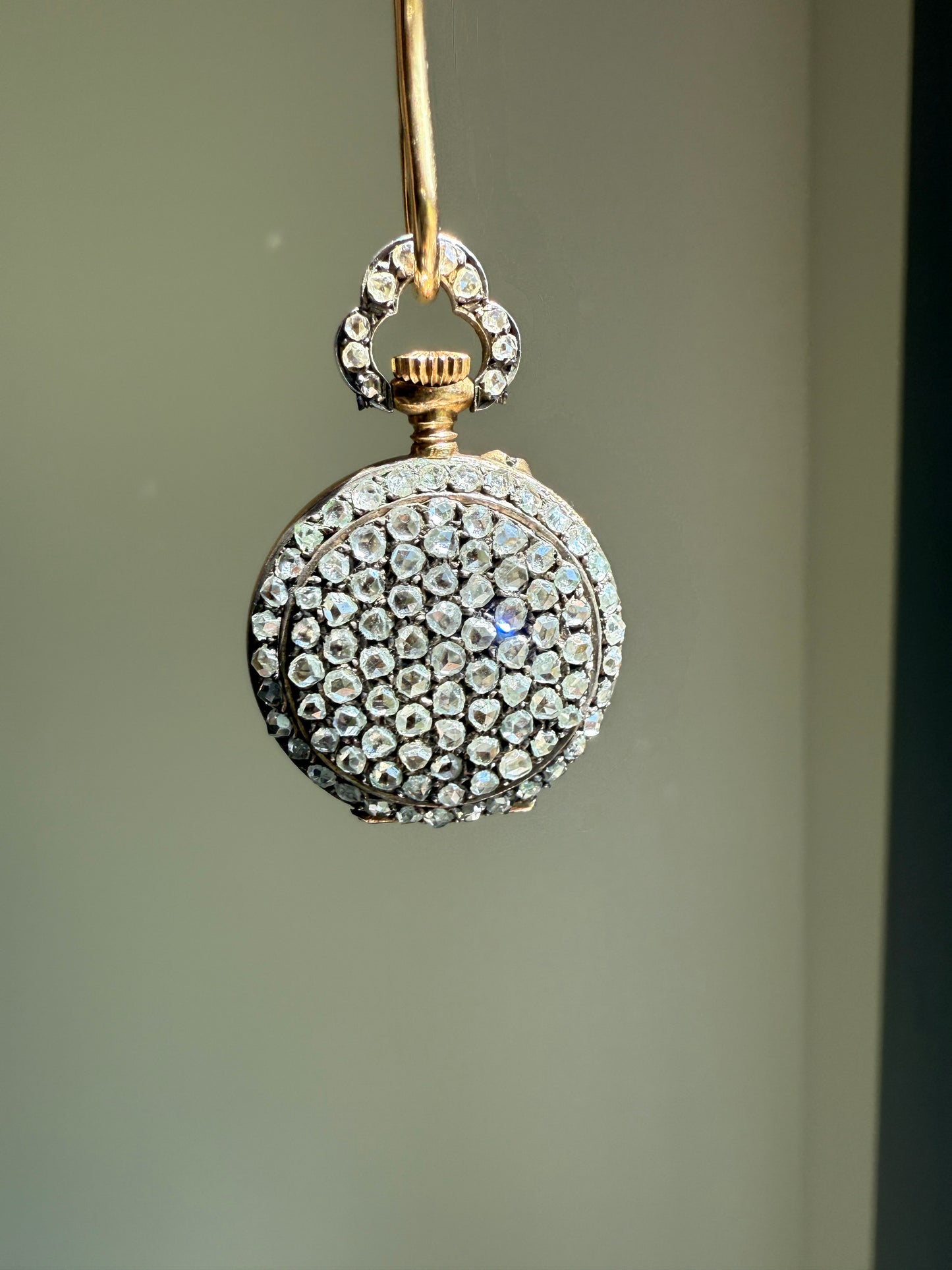 ENTIRELY DIAMOND Encrusted French VICTORIAN Era Chunky Rose Cut Diamond Antique 18k Gold Silver Pocket Watch Case Pendant Locket Rare Gift