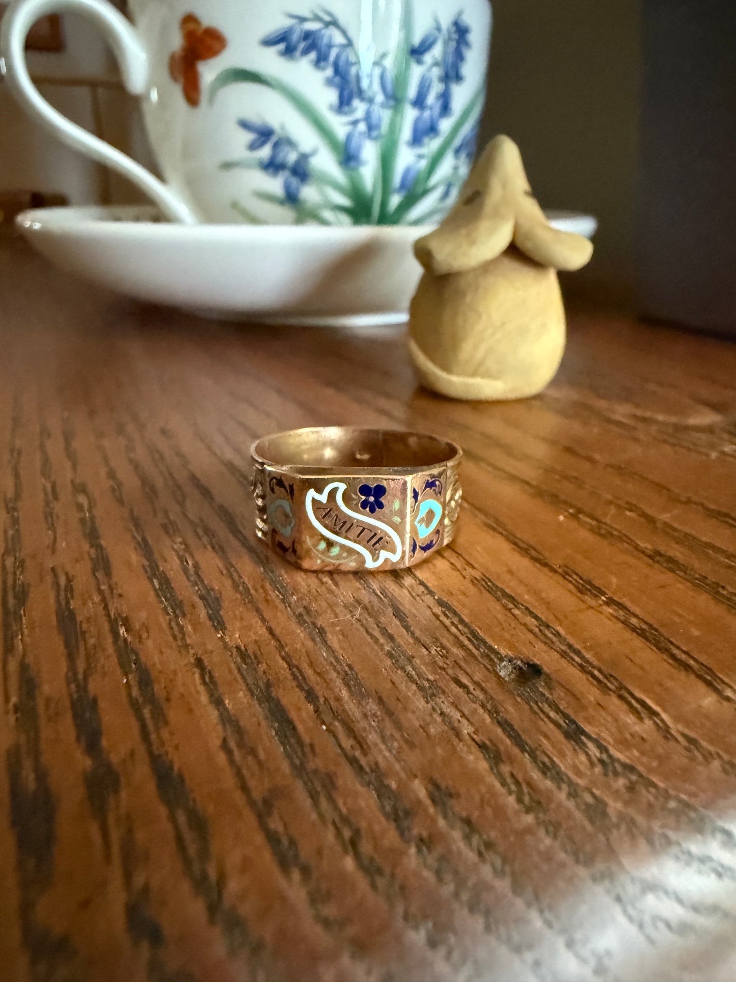 AMITIE French "Friendship" Gold Filled Wide Band Betrothal Ring Traditional Engagement Unique Stacker Enamel