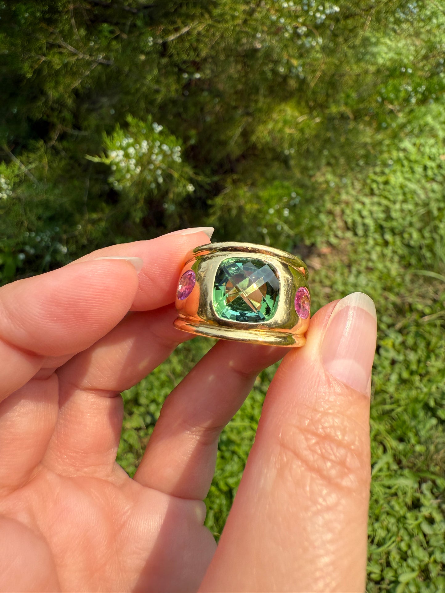 MEGA Green Tourmaline & Pink Sapphire Three Stone Ring HEAVY 20g 18k Gold Solid French Vintage Chunky Stacker Discoball Wide Band Color