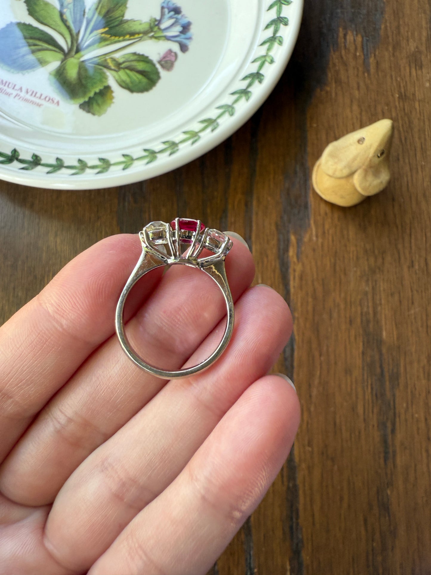 TALL Three Stone Square Old Mine Cut DIAMOND Natural Ruby 18k White Gold Ring Unique Stacker Setting Stackable Pinkish Red