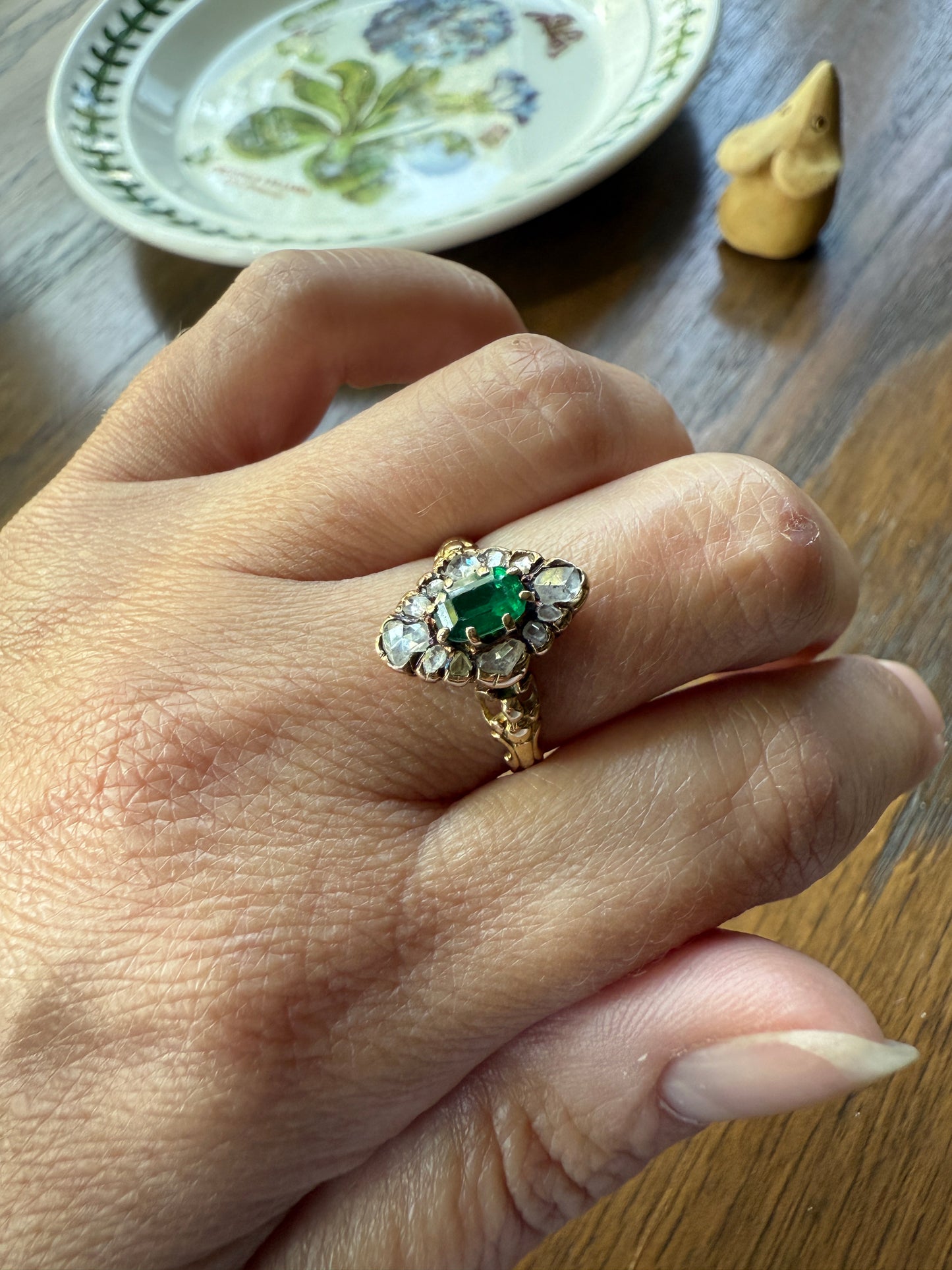BOWS Green Spinel Rose Cut DIAMOND Cluster Halo French Antique Ring 18k Gold Victorian Art Nouveau Belle Epoque