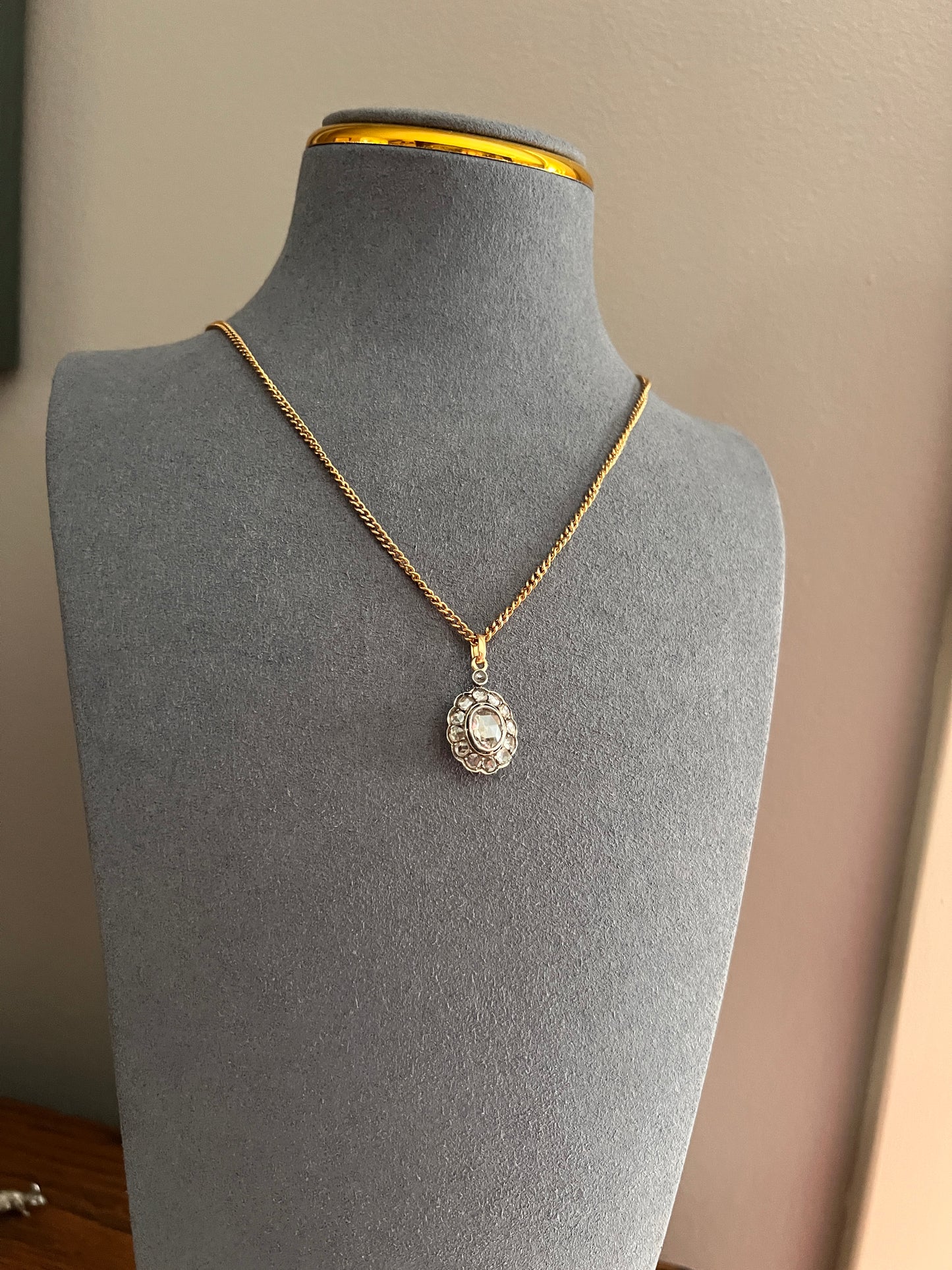 Large Antique Halo Cluster PENDANT 2 Carats Rose Cut DIAMOND French 18k Gold Silver