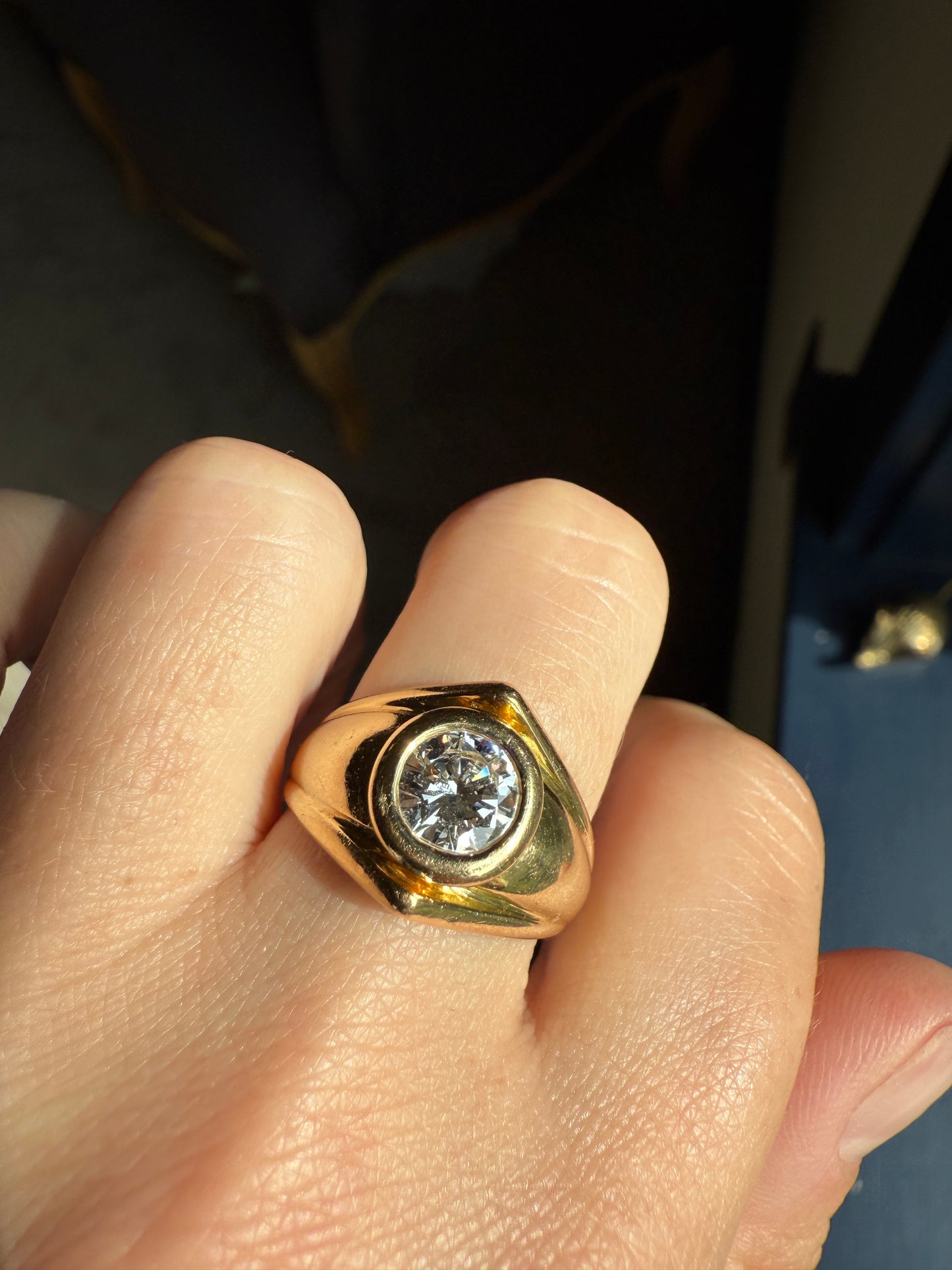 Vintage 1 Carat VVS1 A+ Quality DIAMOND Chevron Ring With DATED RECEIPT French 18k Gold Unisex Gypsy Solitaire Chunky Wide Band