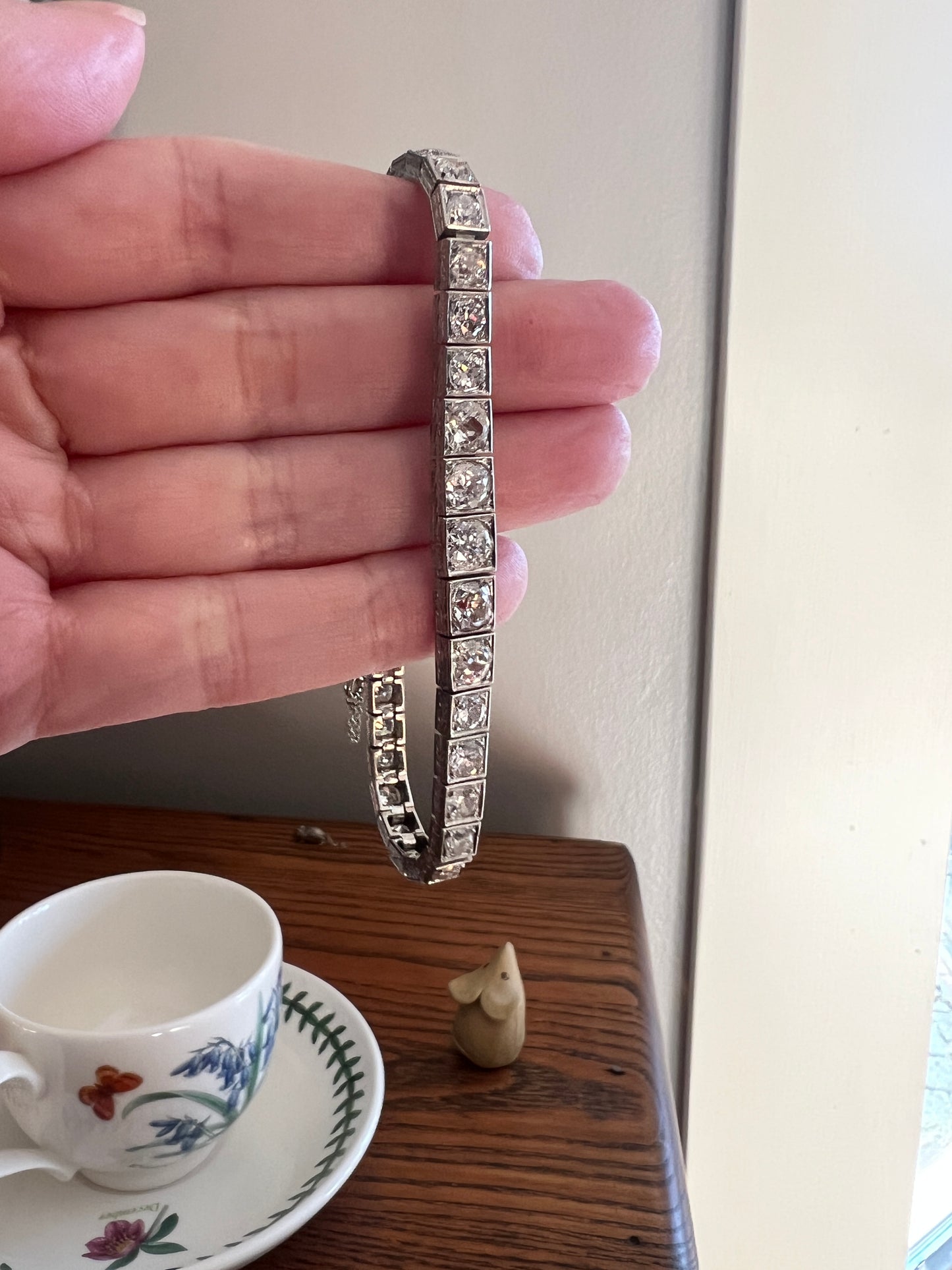 Antique 9.75 CARAT 38 Old European & Mine Cut DIAMOND Line Bracelet PLATINUM 18k White Gold French Geometric Engraved Tennis