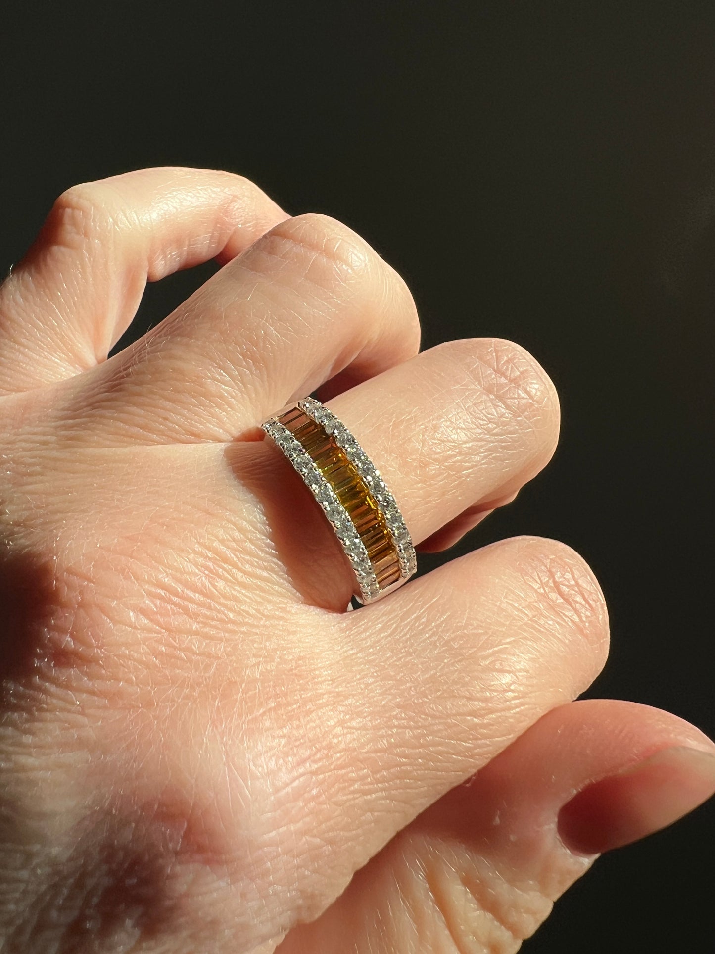 FANCY Intense YELLOW Orange & White 1.9 Carat DIAMOND 18k White Gold Ring Baguette Channel Set Band Half Hoop Stacker