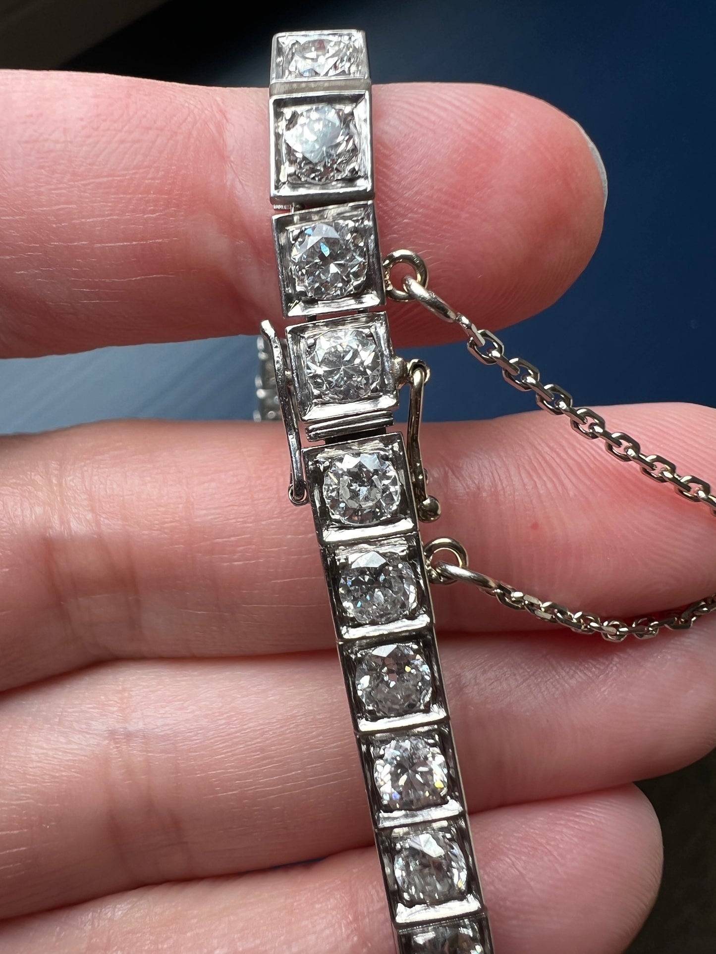 Antique 9.5 CARAT 35 Old European & Mine Cut DIAMOND Line Riviera Tennis Bracelet Platinum French Square Bezel Rivere Wriststack 9.5Ctw OmC