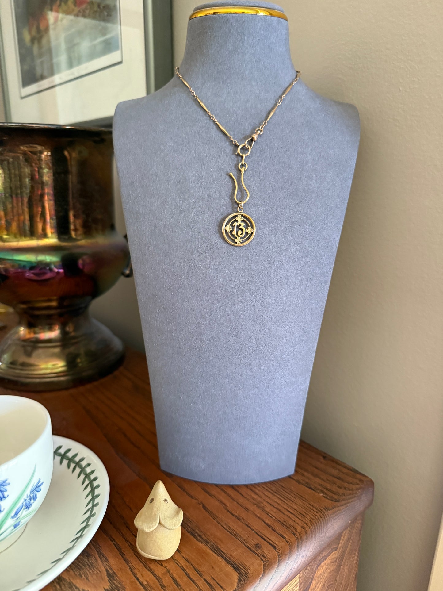 CLOVER Antique Lucky Number # 13 Pendant Tricolor Tricolor Gold Fill Halo Bullseye Belle Epoque Medal Thirteen Amulet Love Token Figural