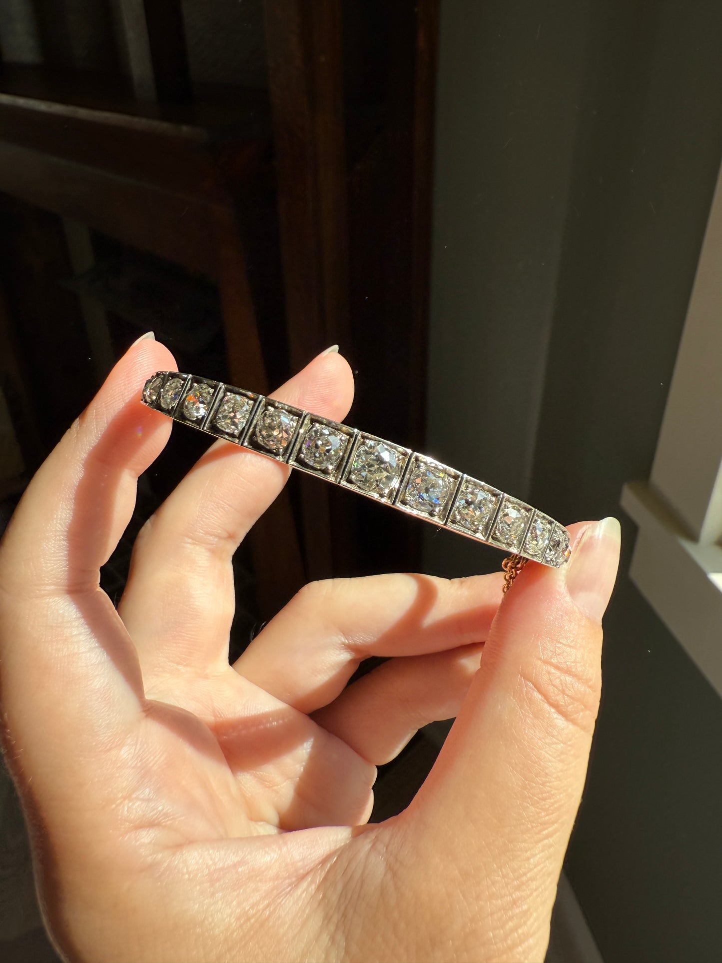 Antique 6.5 CARAT Old Mine Cut DIAMOND Hinged Bangle Line Bracelet 18k Gold Silver Top