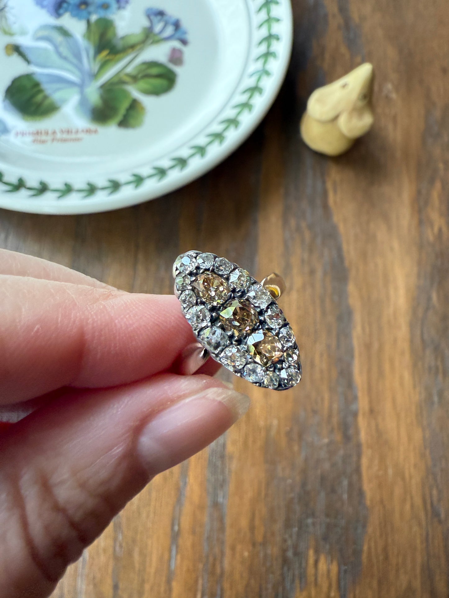 Uncommon 2.25 Carat Fancy Brown & White Halo Old Mine Cut Diamond Navette Ring Oval Victorian Antique 18k Gold Silver