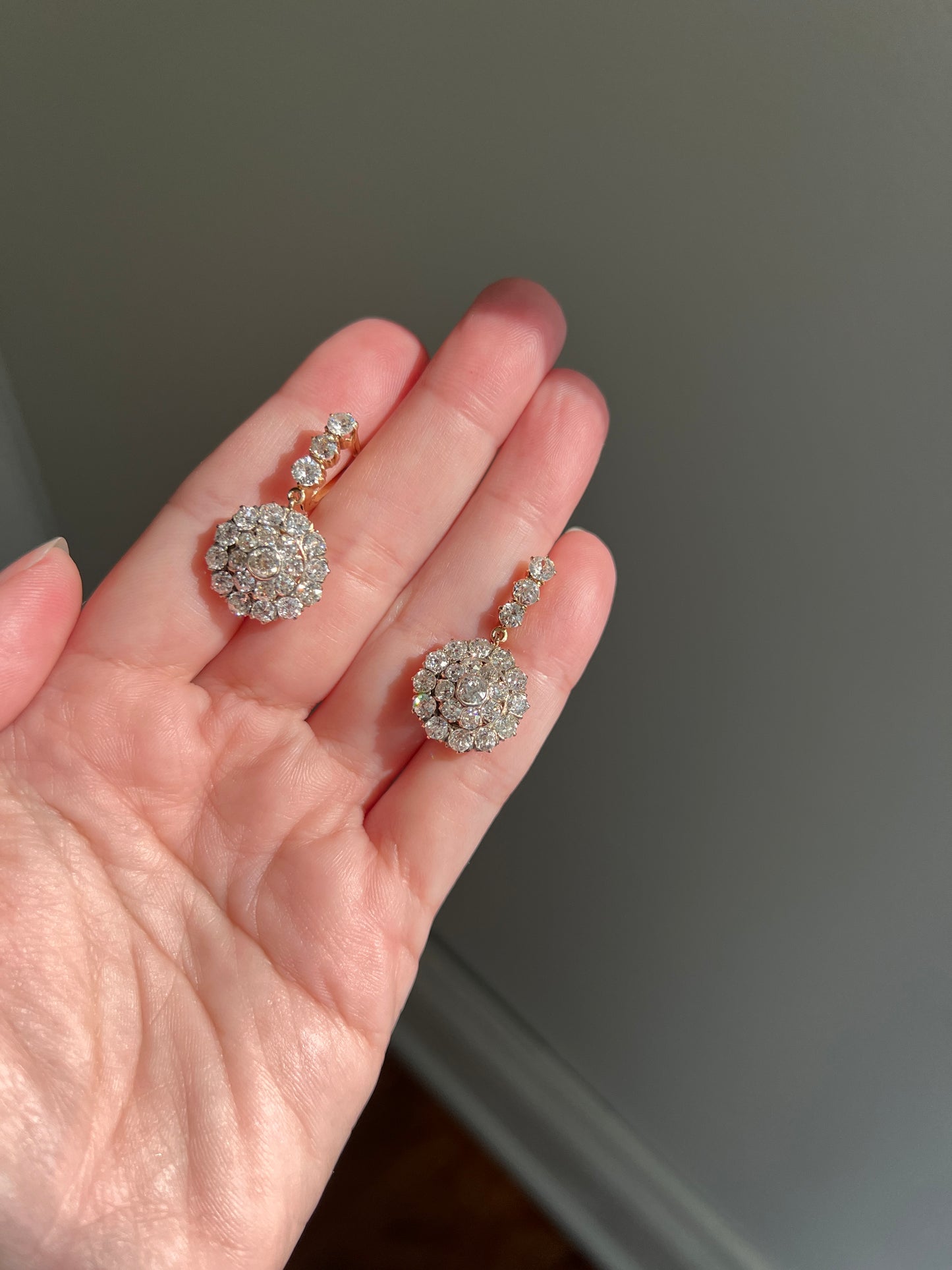 XL Antique 4 1/3 Carat Old Mine DIAMOND Cluster Dangle Earrings 18k Gold ViCTORIAN Bullseye Halo Drops