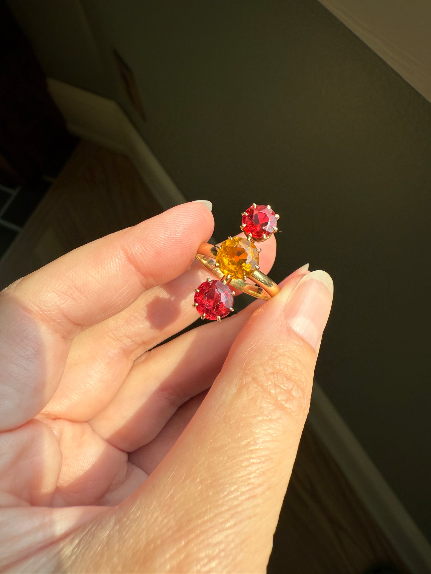 Dated 1924 Old Cut Antique Paste Three Stone Yellow & Red Crown Prong Setting 18k Gold Engraved Colorful Ringstack French Art Deco