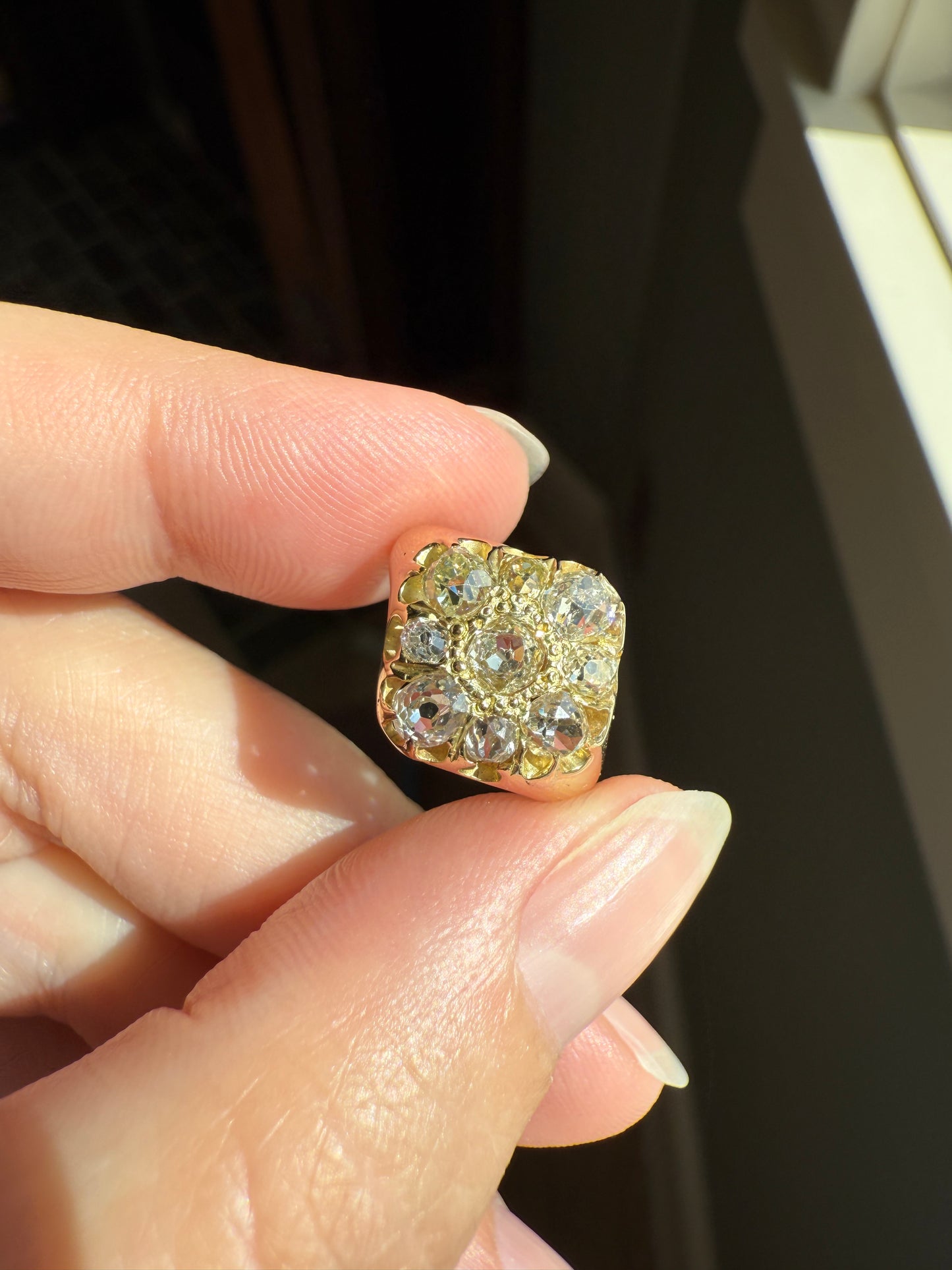 CHUNKY 1.2 Carat Old Mine Cut DIAMOND Cluster Ring 15k Gold Delicious Pale Yellow Nine Stone Cruciform Halo Belcher Buttercup 1.2Ctw OMC