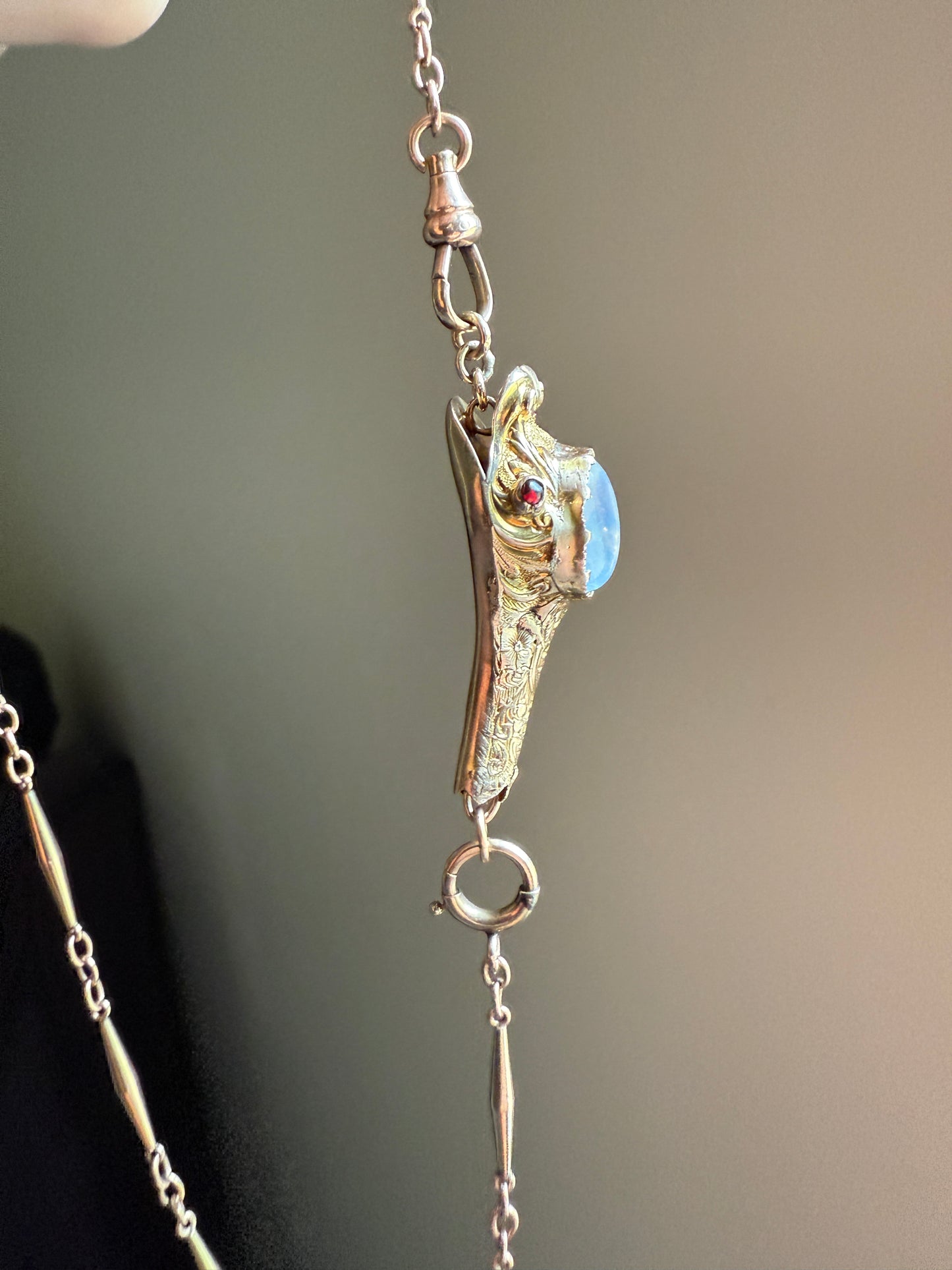 MOONSTONE Smiling SNAKE Large Victorian Antique Pendant CONNECTOR Extender Figural 10k Gold Solid Swivel Engraved Head Garnet Eyes