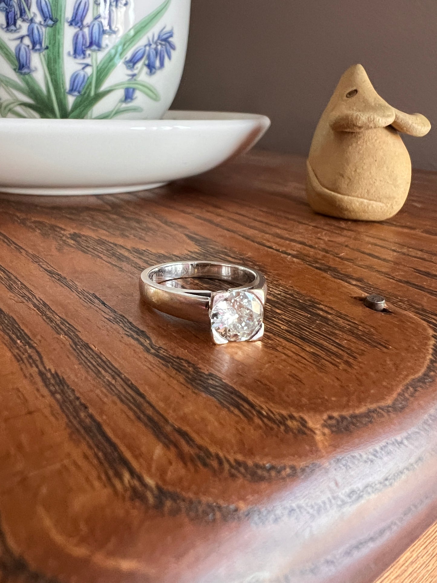 Chunky Antique 1.1 CARAT Eye CLEAN Old European Cut DIAMOND Square Setting Solitaire Engagement Ring 18k White Gold