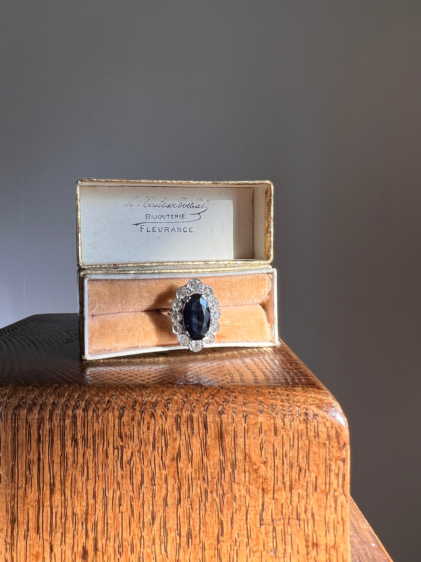 French Antique 18k White Gold PLATINUM 3Ct Natural SAPPHIRE 1.2Ctw Old Mine Cut DIAMOND Halo Ring Cluster