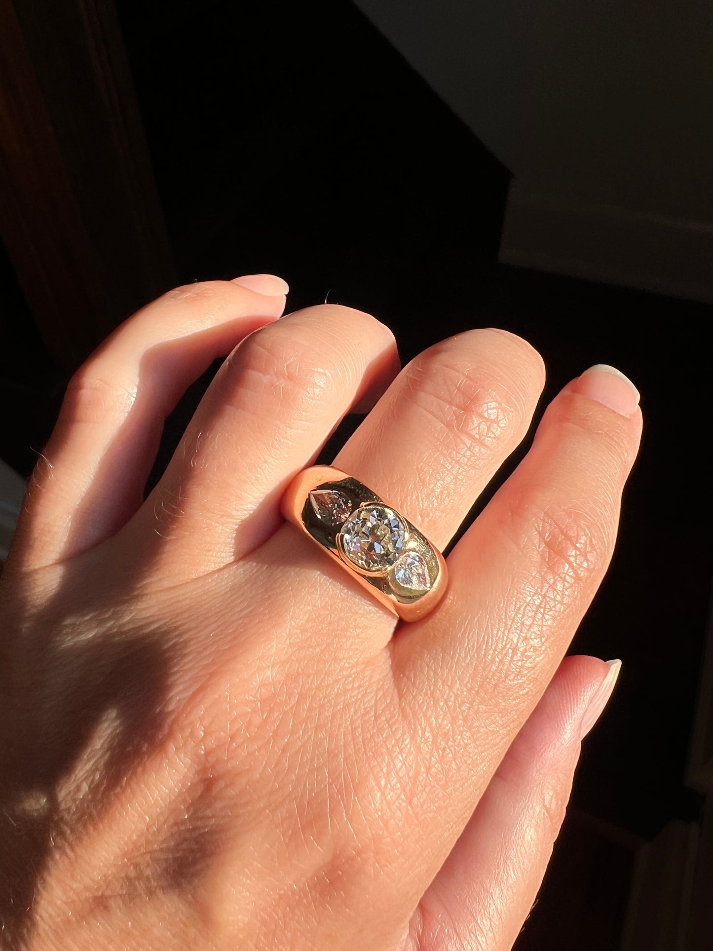 Chunky 1.75 Carat Old Mine Cut DIAMOND Pear Gypsy Ring 10g 18k Gold HEAVY Vintage Stacker 9mm Wide Gypsy Band