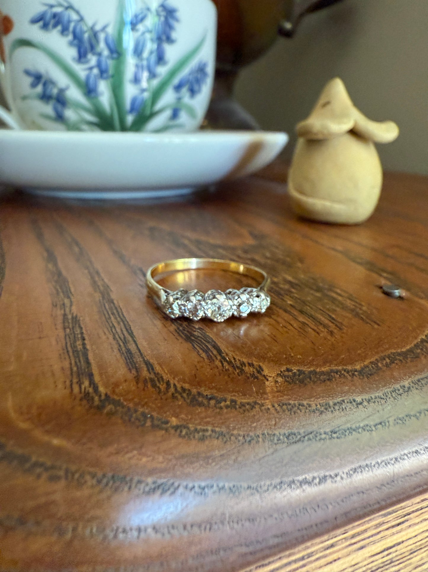 TALL Antique 0.6 Ctw Five Stone Old Mine Cut Diamond 18k Gold Platinum Band OMC Champagne