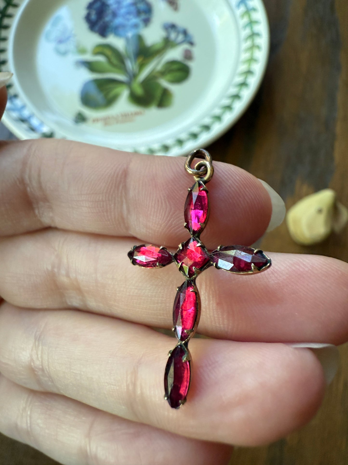 CROSS Figural Pendant French Antique Gold Fill Vibrant Pink Fuchsia Paste Rhinestone Faux Perpignan Garnet Marquise