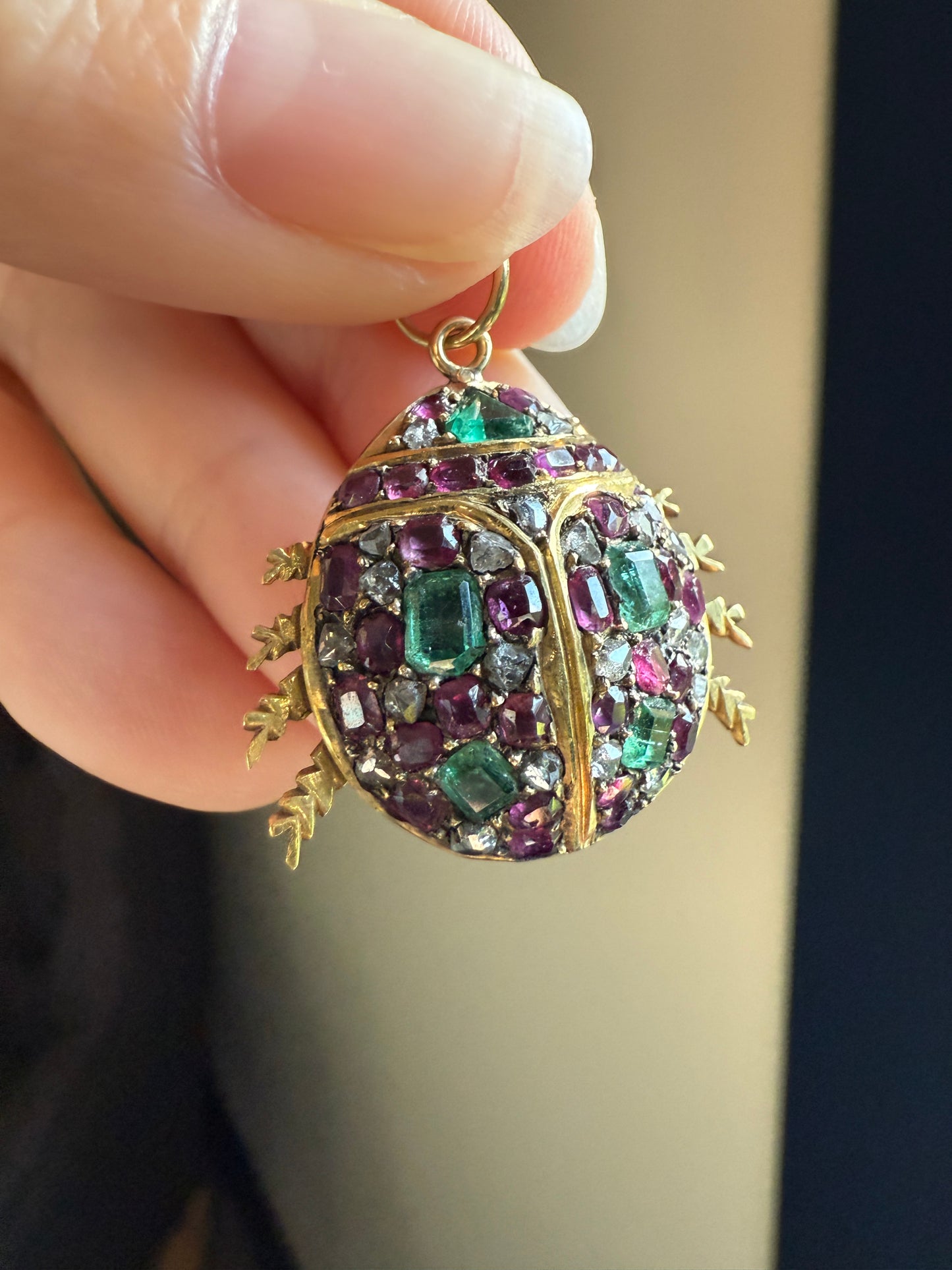 LADYBUG Large Antique Beetle Scarab Ruby Diamond Emerald Encrusted 14k Gold 3D Figural Pendant Domed Colorful Chunky