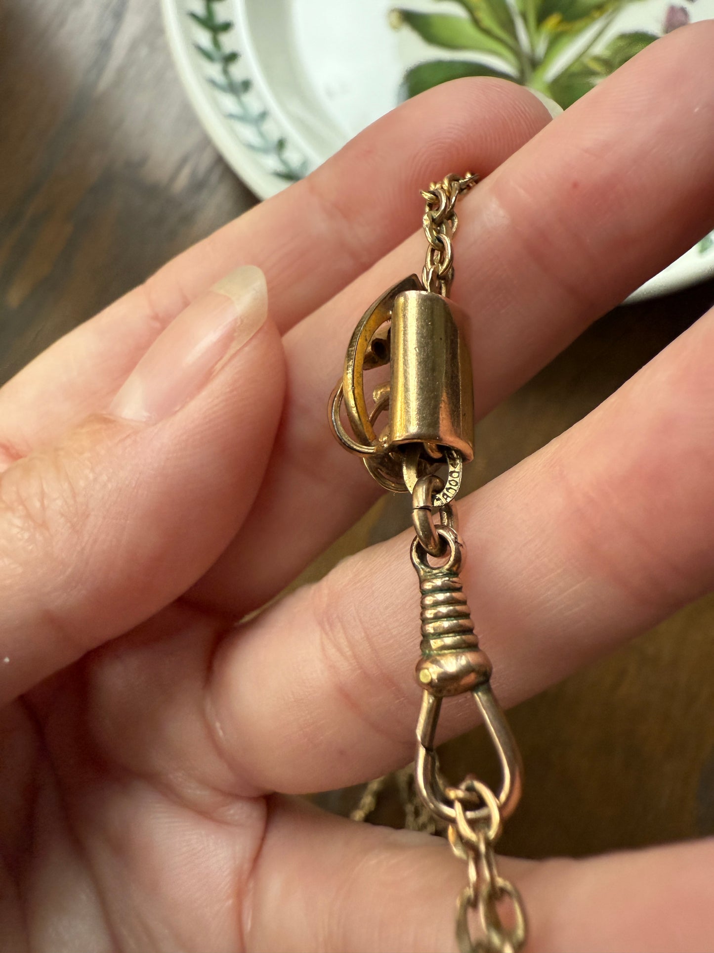 Victorian Art Nouveau Warm Rosy Gold Fill Long Guard Muff Watch Chain Necklace with Swirl Marquise Paste Ruby & Seed Pearl Slide