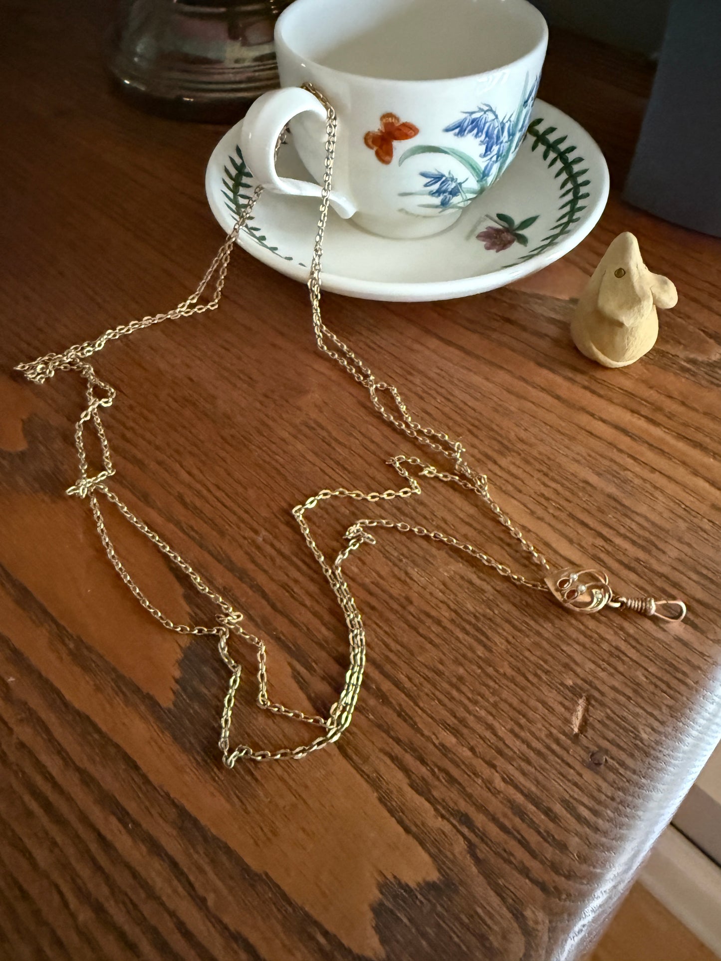 Victorian Art Nouveau Warm Rosy Gold Fill Long Guard Muff Watch Chain Necklace with Swirl Marquise Paste Ruby & Seed Pearl Slide