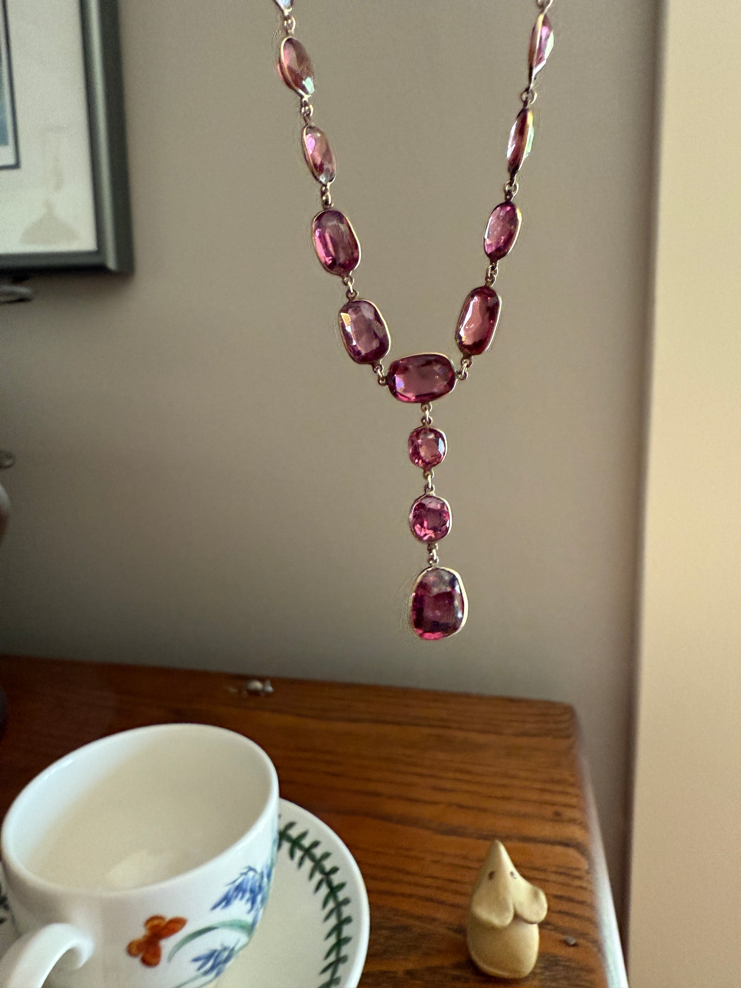Antique 36 GARNET Riviera Station Chain 10k GOLD Berry Purple Pink Chunky Lariat Y Necklace Collar