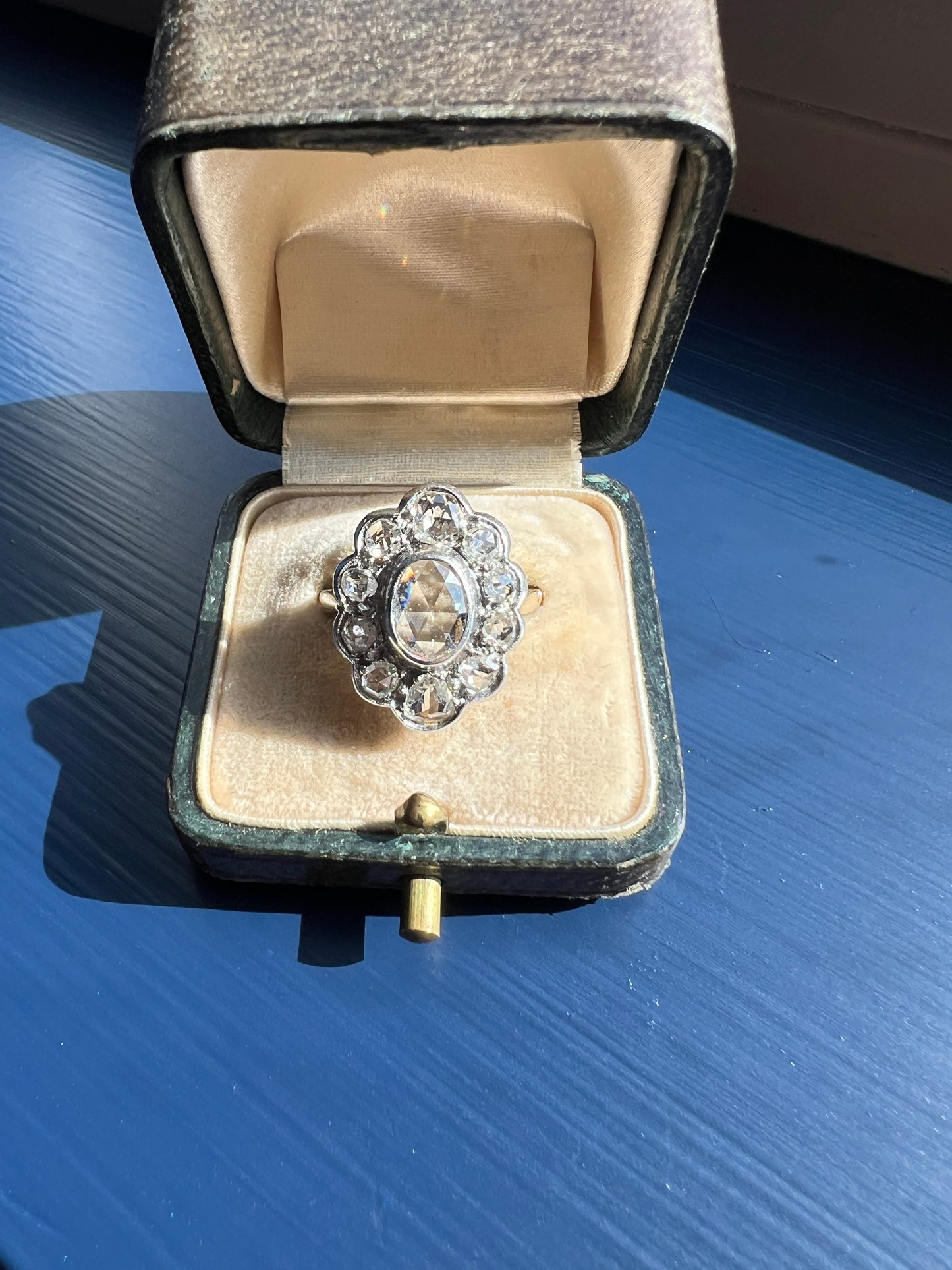 XL French Antique Open Back Oval Rose Cut DIAMOND Clear Disco Daisy Cluster Ring Victorian 18k Gold Platinum