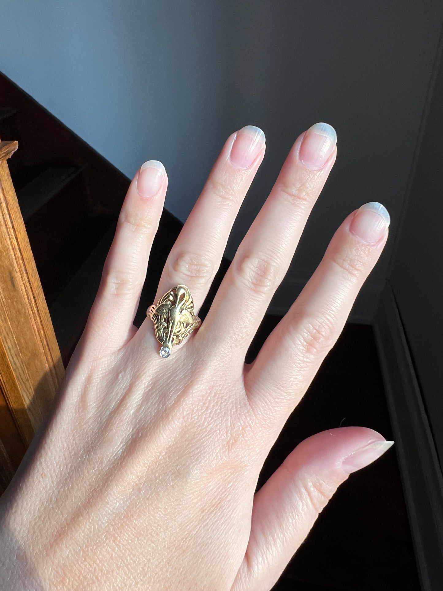 SWAN French ANTIQUE Special Art Nouveau Old Mine Cut DIAMOND 18k Gold Platinum Ring Figural
