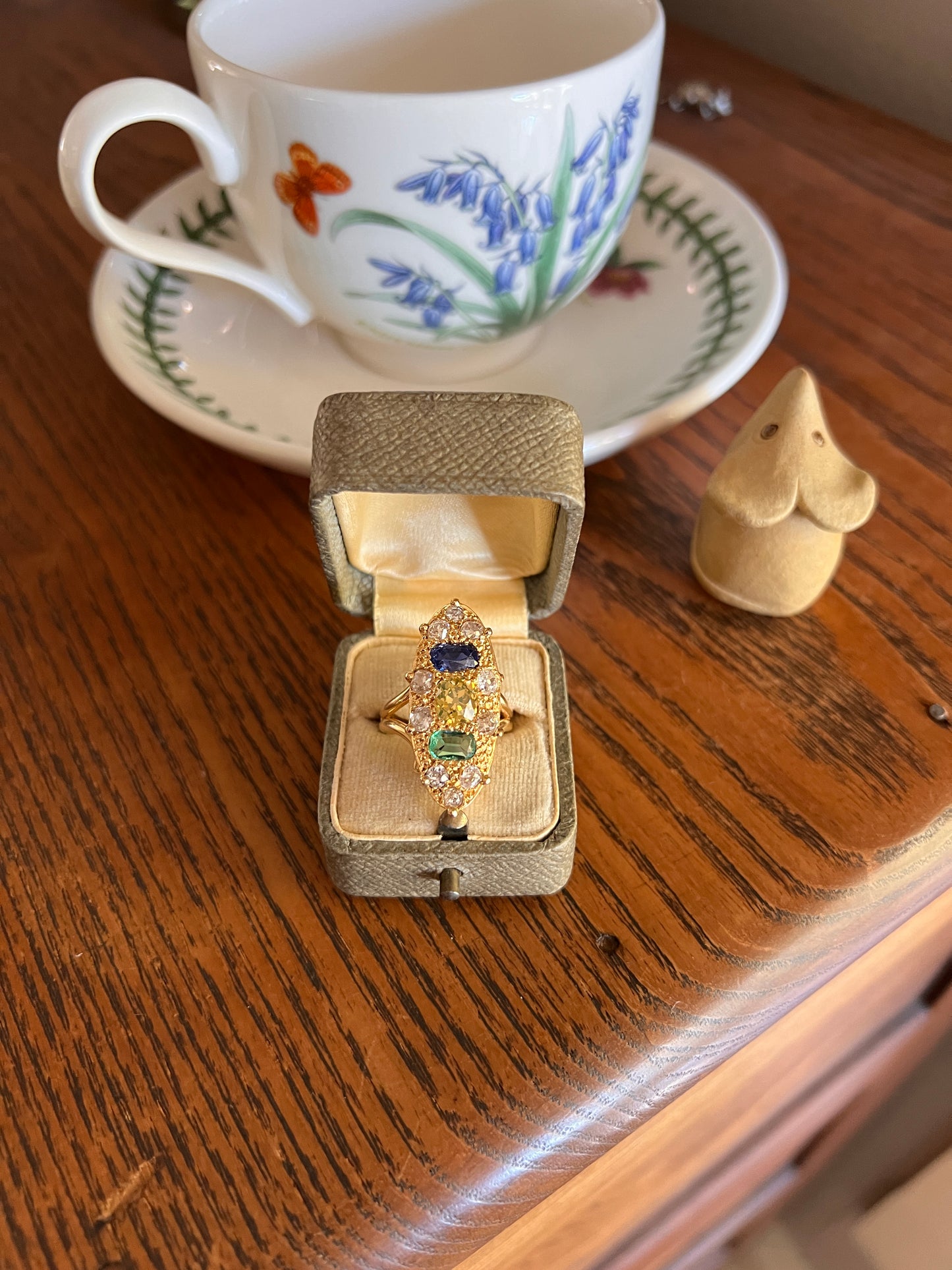 Unique French Vintage Navette Ring 1.25 Carat Antique Eye Clean Fancy Intense Greenish YELLOW Old Mine Cut DIAMOND 2.35 Tdw Emerald Sapphire