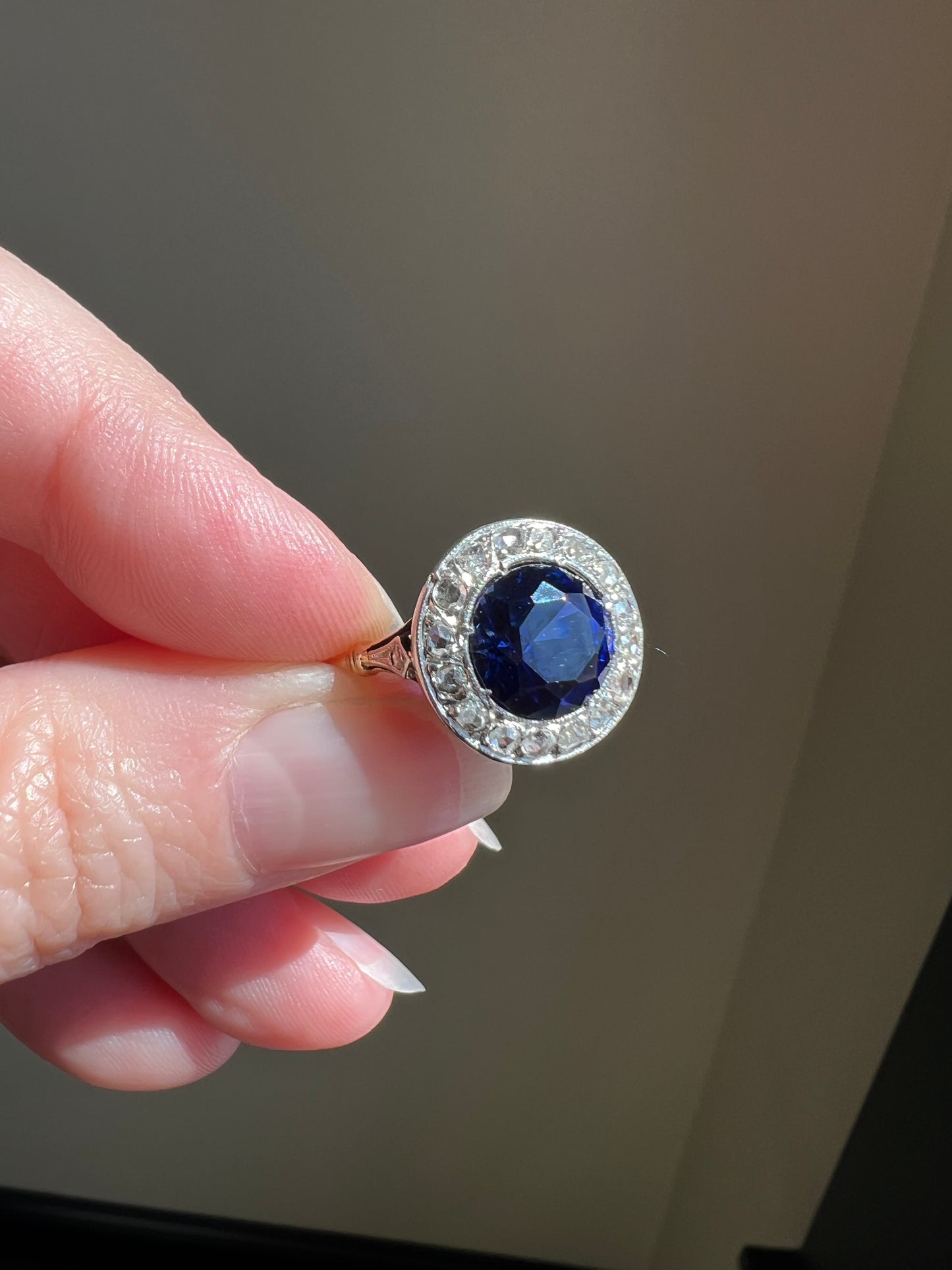 Blue Sapphire Rose Cut DIAMOND Halo Ring French Antique Band Ring 18k Gold Platinum