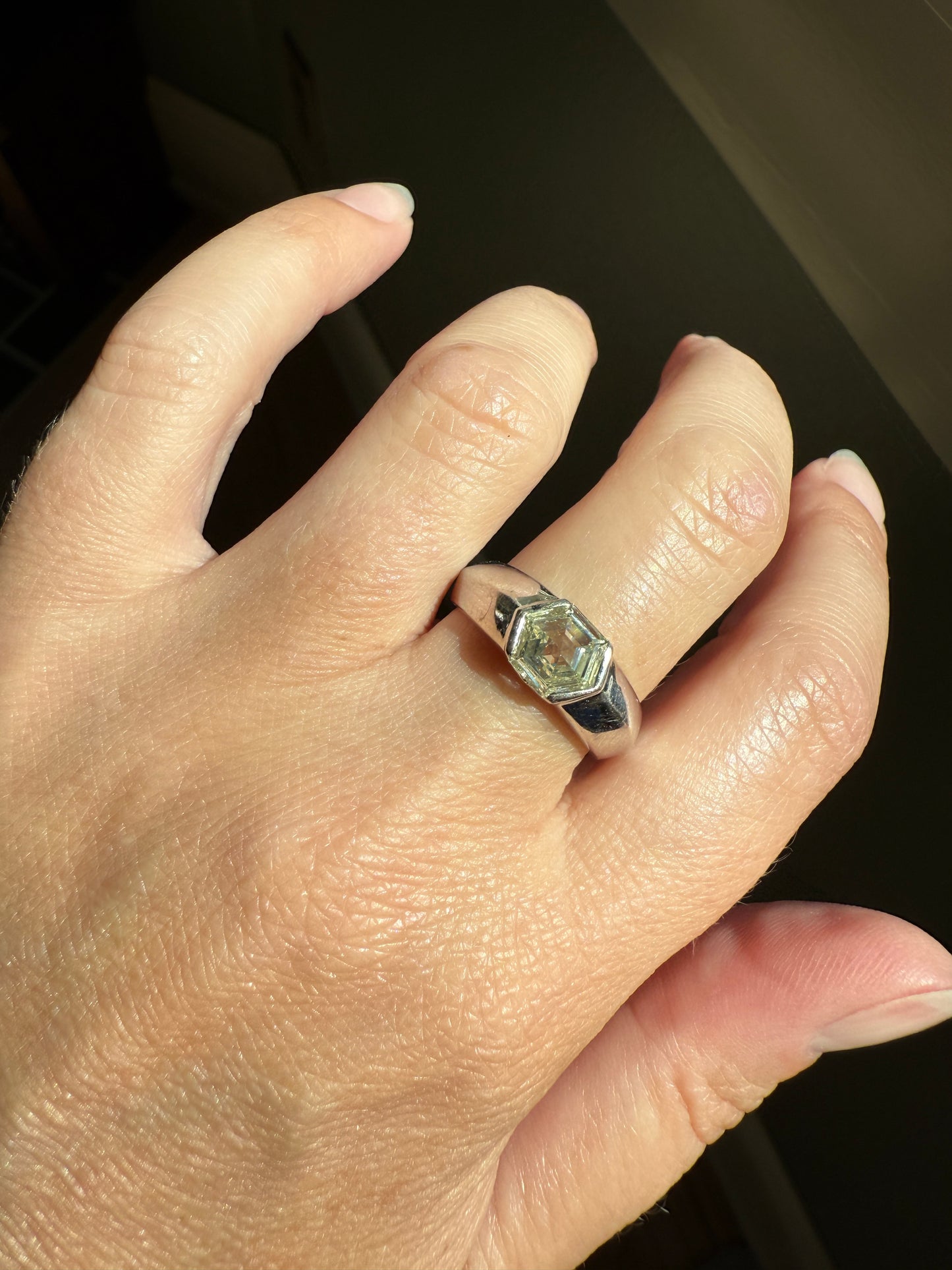 Rare HEXAGON Natural Diamond Pale Yellow French Vintage 18k White Gold Gypsy Ring 9.1g Chunky Sturdy Stacker Unisex Step Cut Beveled Band