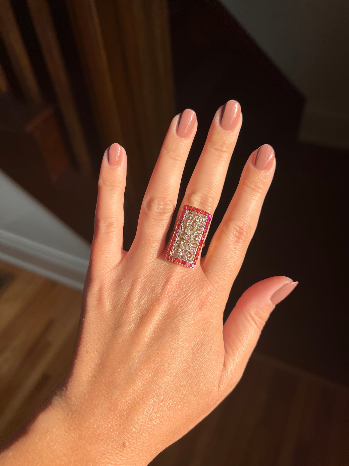 Mega ANTIQUE 1.1 Inch Rose Cut DIAMOND Natural RUBY Halo Rectangular Panel Lozenge Ring 18k Gold