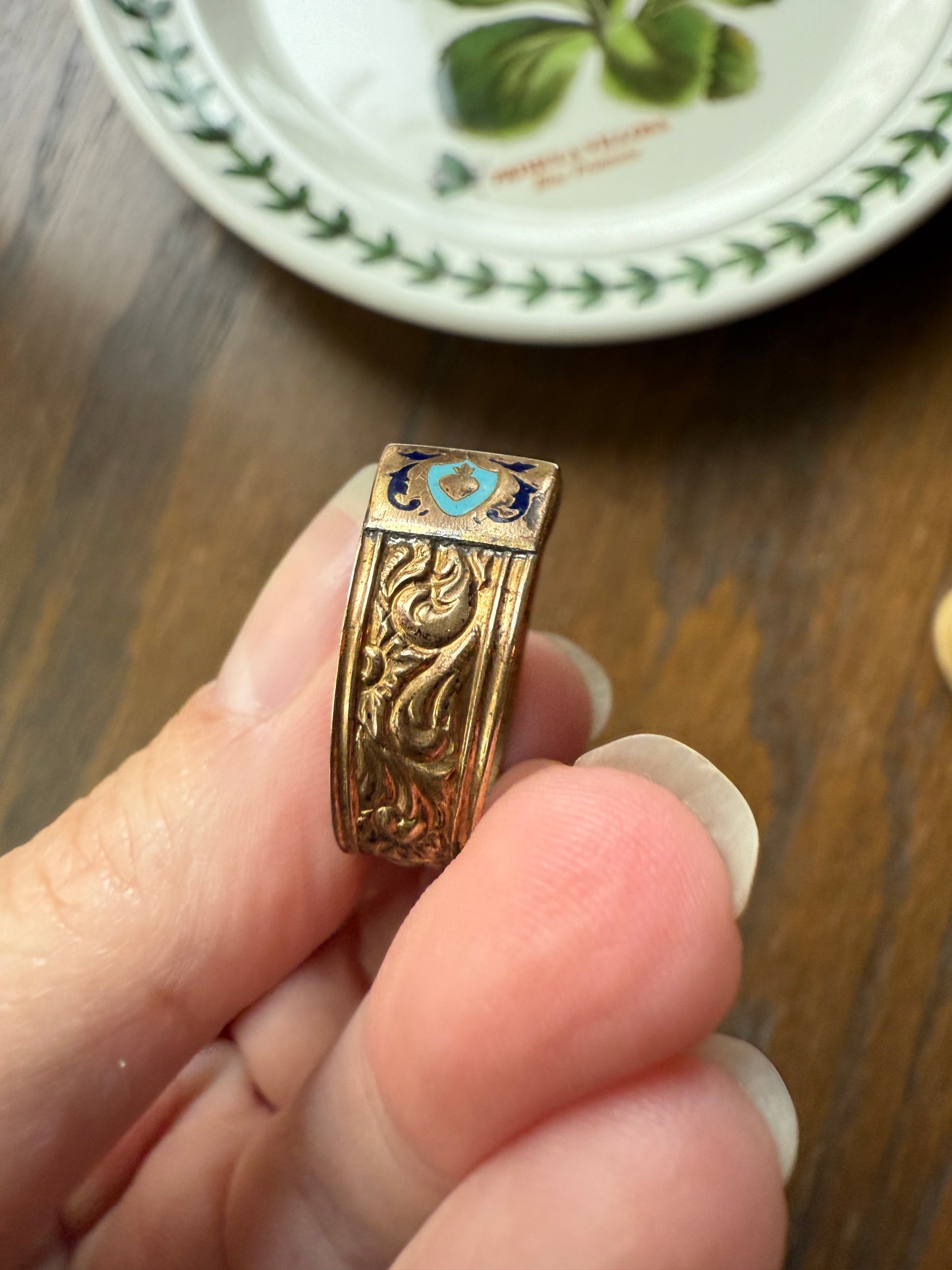 AMITIE French "Friendship" Gold Filled Wide Band Betrothal Ring Traditional Engagement Unique Stacker Enamel