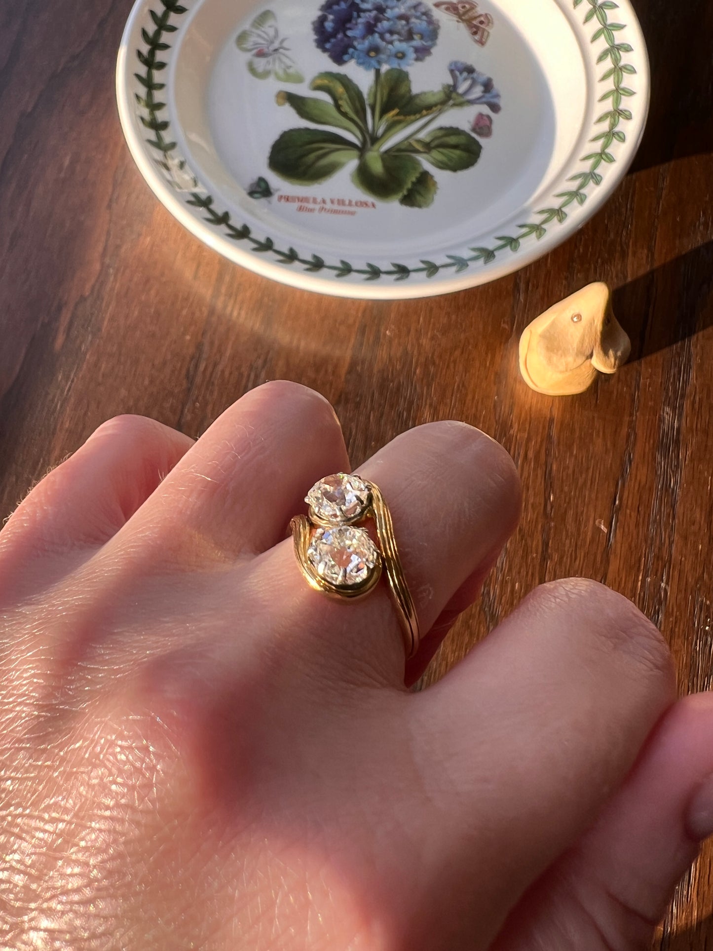 Toi et Moi 1.7 CARAT Old Mine Cut DIAMOND Chunky Two Stone Antique Ring French 18k Gold Angled Swirl Band Stacker Romantic Gift OMC 1.7Ctw