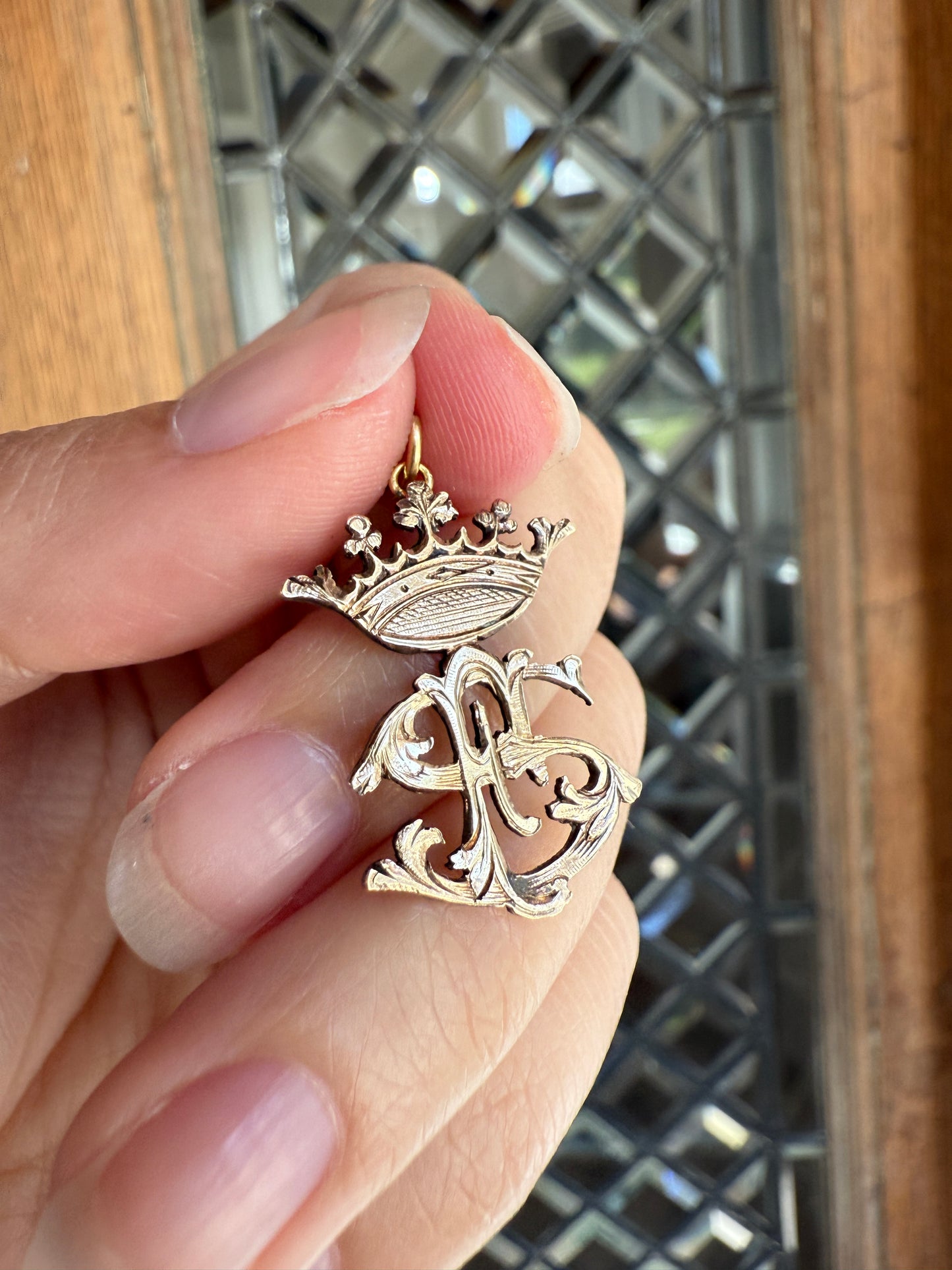 CROWN Figural Initial Pendant S E or F ? Solid Silver Vermeil Gold Plated Front Unique Charm Hand Engraved Openwork Detail