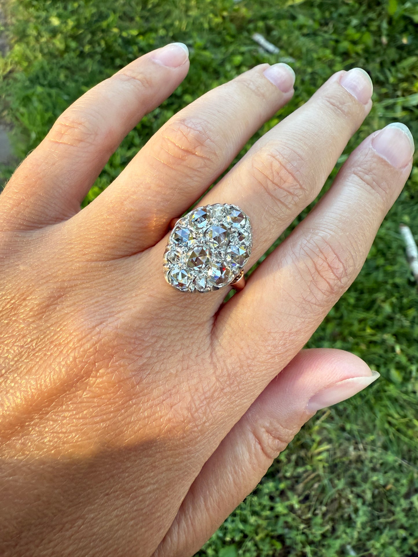 Extraordinary French Antique 3 Carat Scale Dutch Rose Cut DIAMOND 18k Gold Platinum Cluster Oval Stacker Rare Disco Ball Bauble