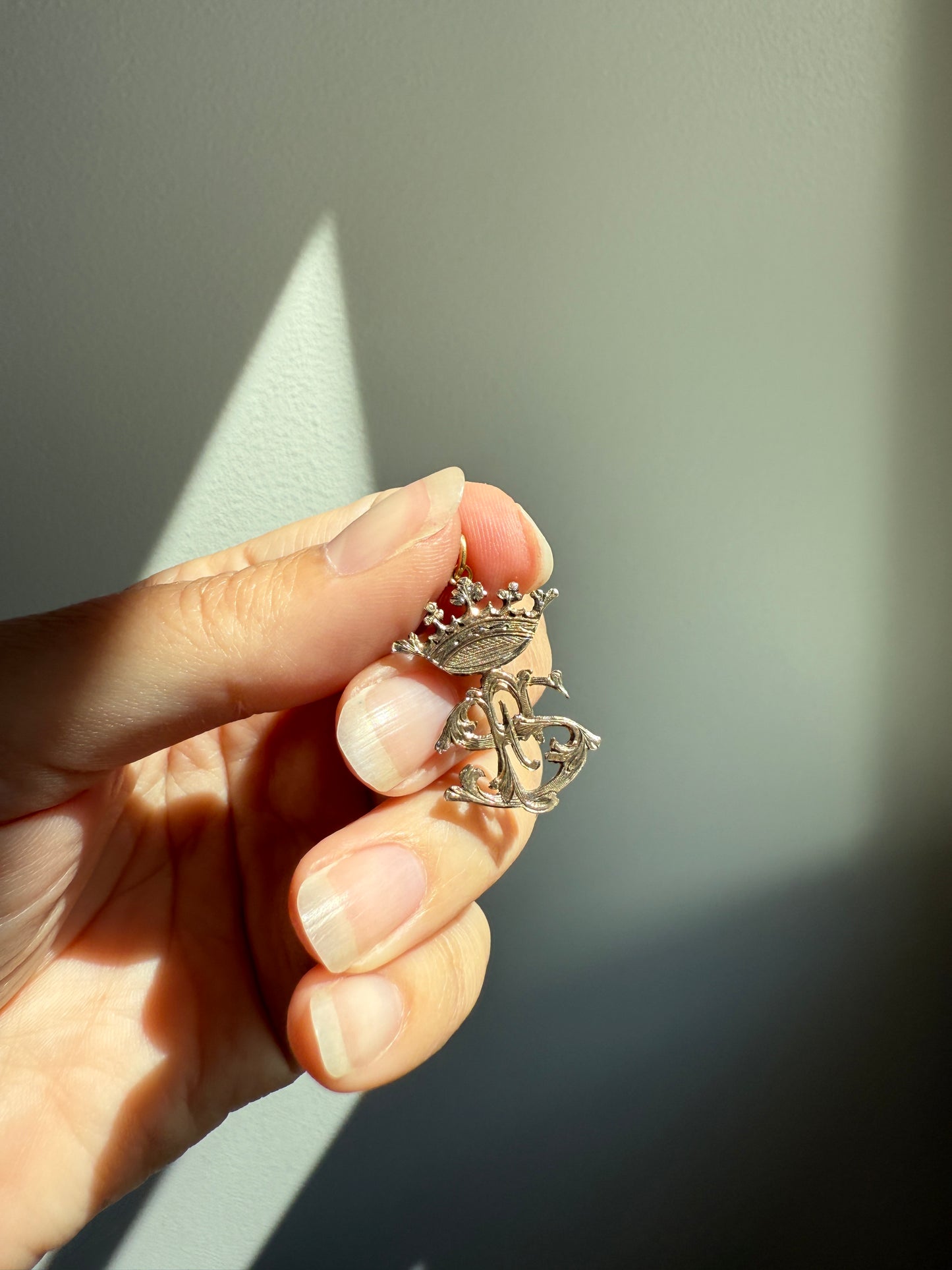 CROWN Figural Initial Pendant S E or F ? Solid Silver Vermeil Gold Plated Front Unique Charm Hand Engraved Openwork Detail